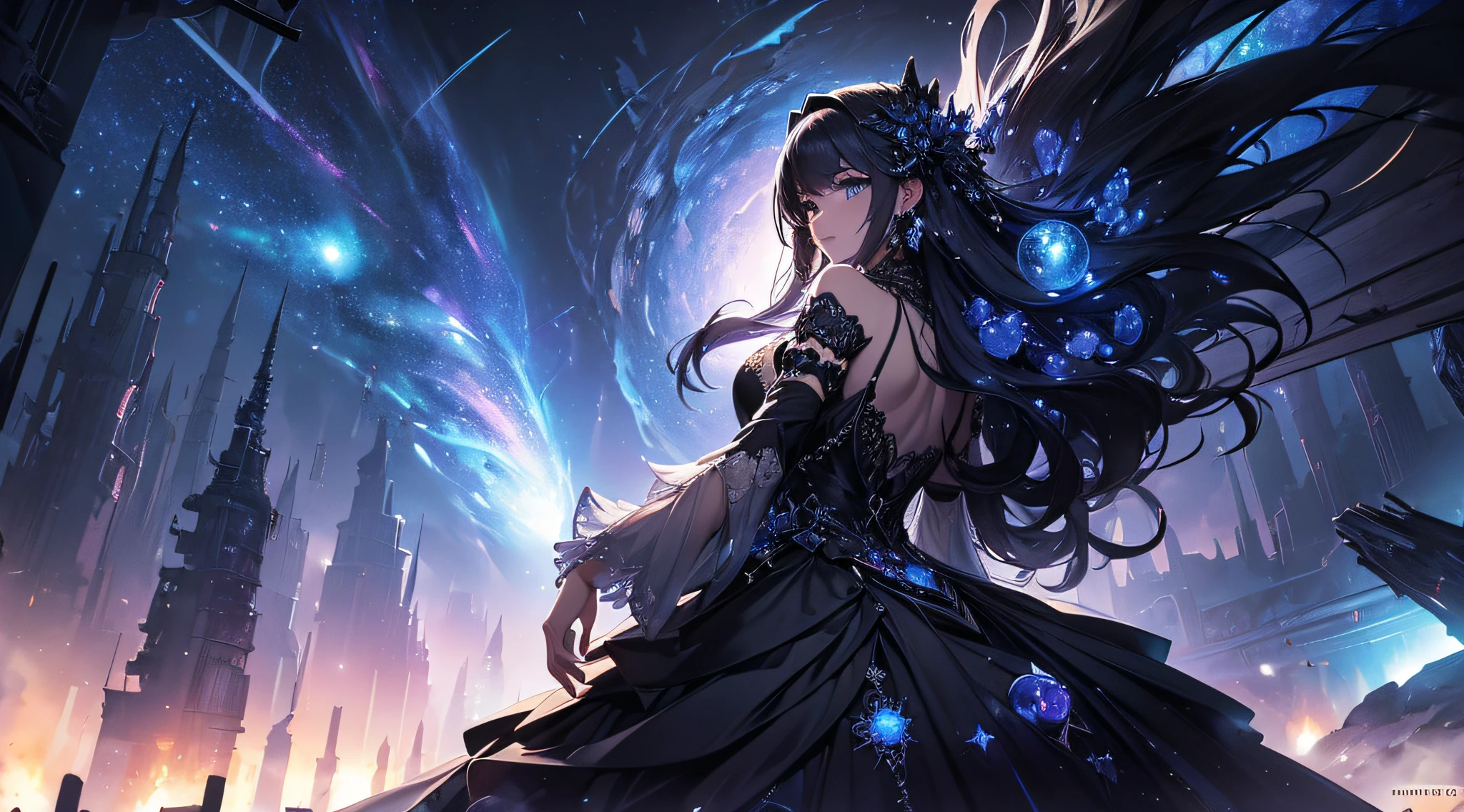 ​masterpiece、Background with((Fantastic starry sky、meteors、black hole))、Depth((Giant Tree、Fantastic、Luminescent))、a beauty girl、onepiece、Rear view