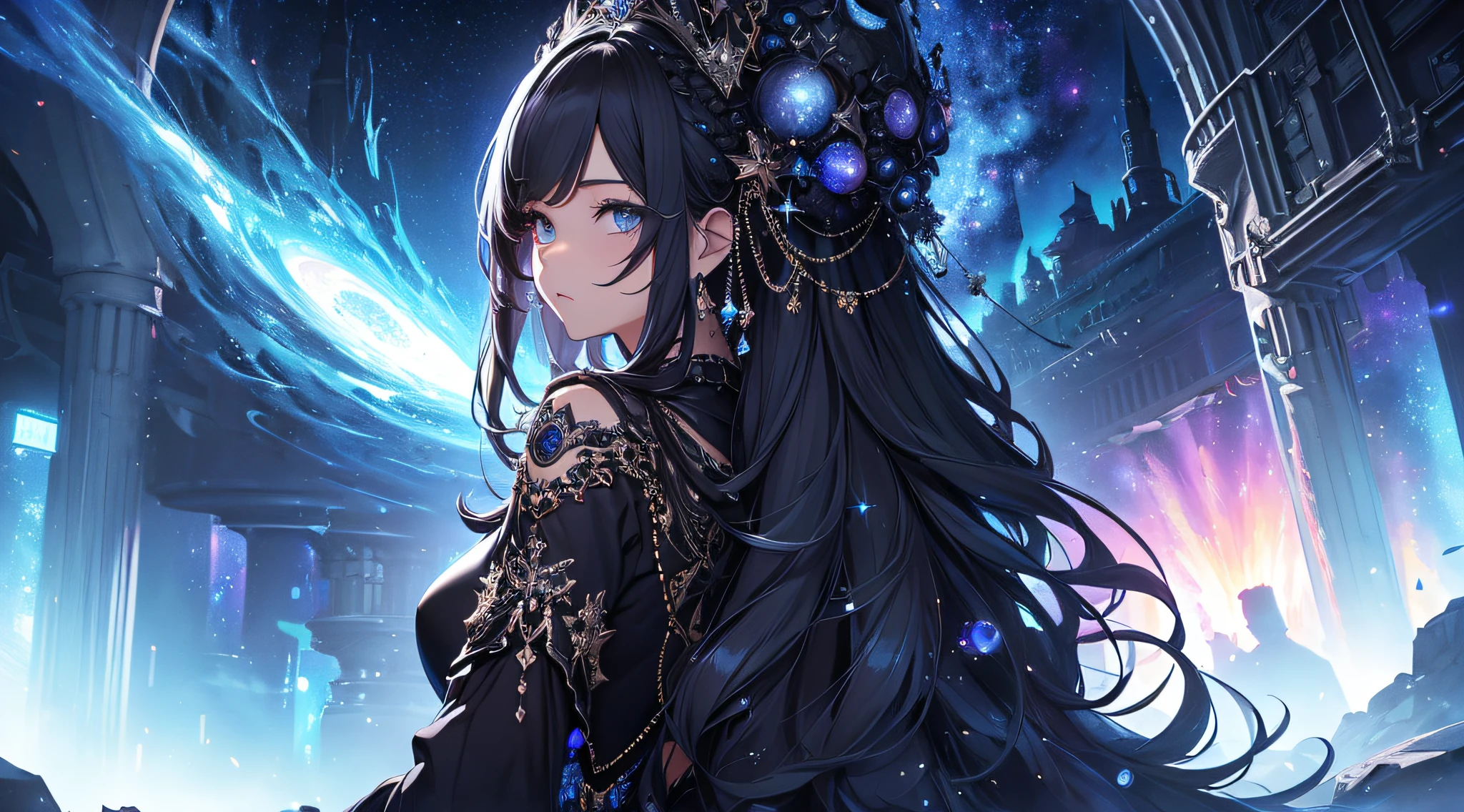 ​masterpiece、Background with((Fantastic starry sky、meteors、black hole))、Depth((Giant Tree、Fantastic、Luminescent))、a beauty girl、onepiece、Rear view
