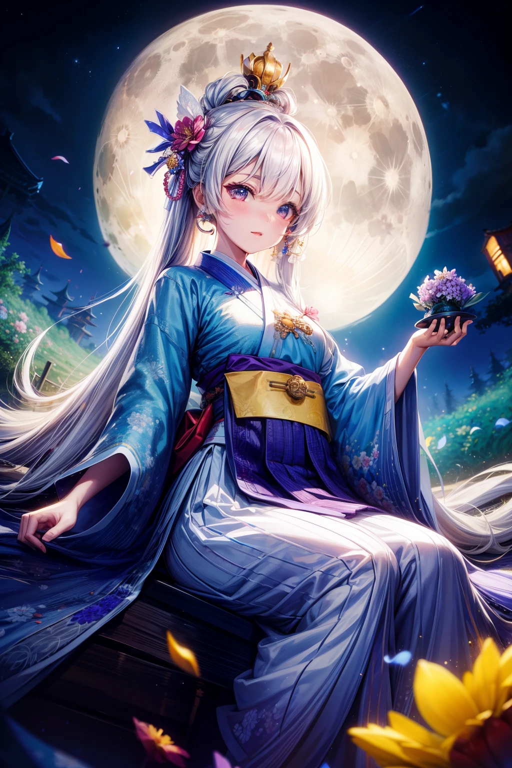 Best quality, High_Resolution, distinct_image, Detailed background ,Girl, Hanbok,flower,sonoko,Moon, Night,Dutch angle, Wide shot, crown,