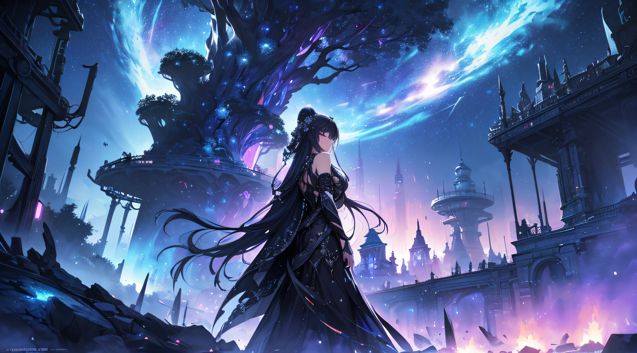 ​masterpiece、Background with((Fantastic starry sky、meteors、black hole))、Depth((Giant Tree、Fantastic、Luminescent))、a beauty girl、onepiece、Rear view