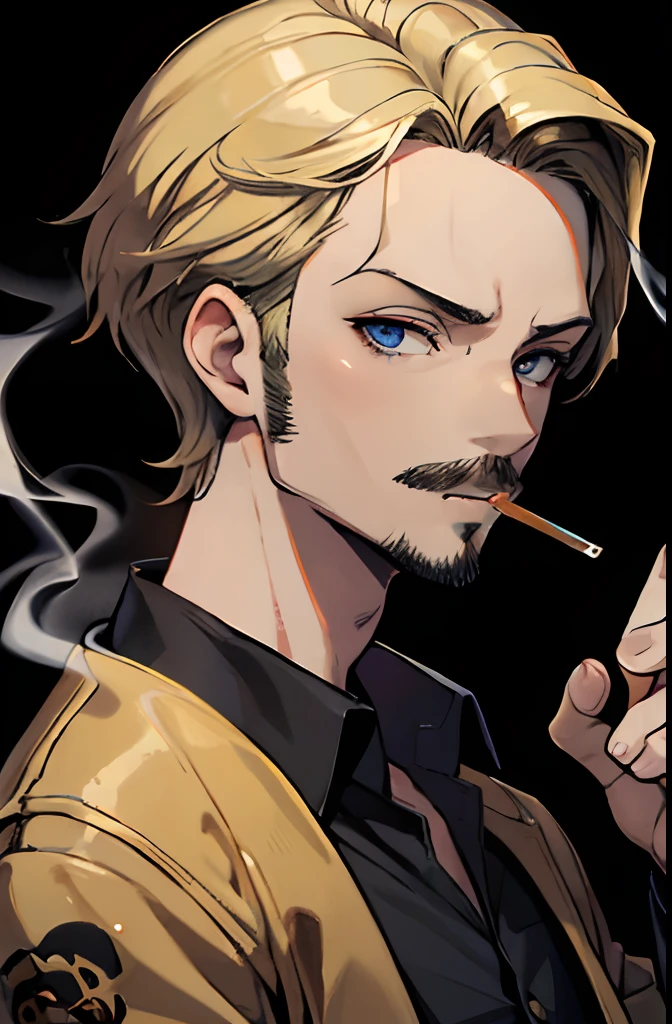 generates a grown man, wearing suit, with Scottish features, redhead and smoking a cigarette, He's strong