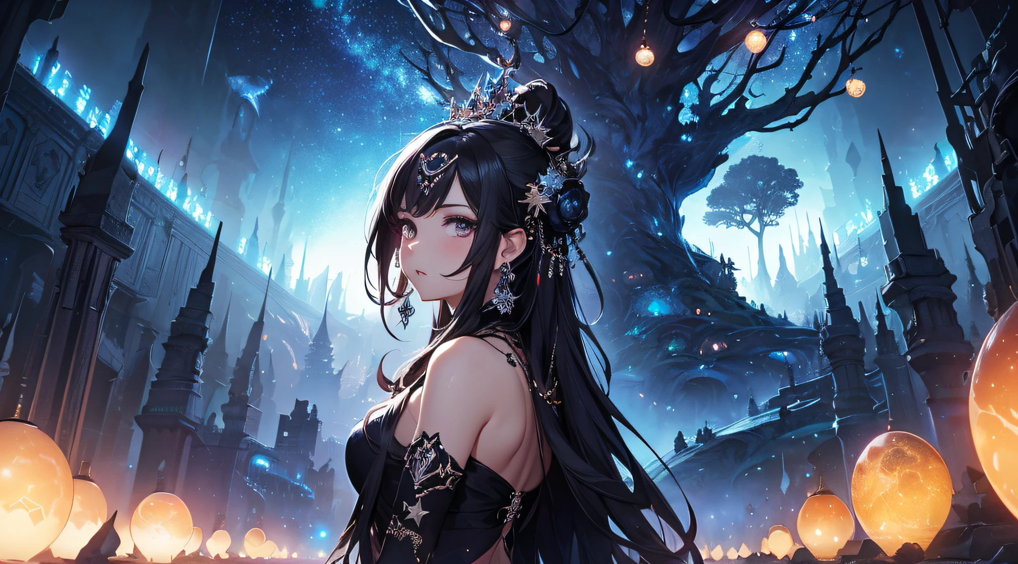 masterpiece、Background with((Fantastic starry sky、meteors、black hole))、Depth((Giant Tree、Fantastic、Luminescent))、a beauty girl、onepiece、Rear view