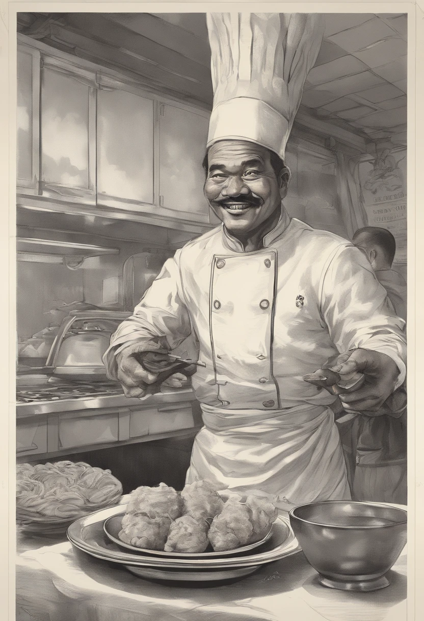 真实感, Realism, Painting by Jean-Baptiste Monge with a photograph of the whole body, Long Shot Of Cute Fluffy Synth Humanoid Stitch Bandits In The Image Of A Chef, with a chef's hat on his head and an apron, Character sheet of old parchment paper with 24K resolution, high detail, photo realism, Realistic sketch, Rough sketch, mix of bold dark lines and loose lines, bold lines, humanoid, centered, Focus on character, , Fluffy Blue Stitch, Capture a touching moment, When a giant fluffy blue stitch in a chef shaf costume stands behind a huge stove in a restaurant., Crowded restaurant, Old Vintage BD Restaurant, People look at him, Savoring a plate of nasi chicken wings, Fried Chicken. The face of the stitch should glow with pure happiness and surprise, With a mouthful of meat, no matter, that it's the first time, To try this favorite chicken dish, 4k, Realistic Lighting, 真实感, Smoke effect, Lots of smells, The kitchen is lit in the background,