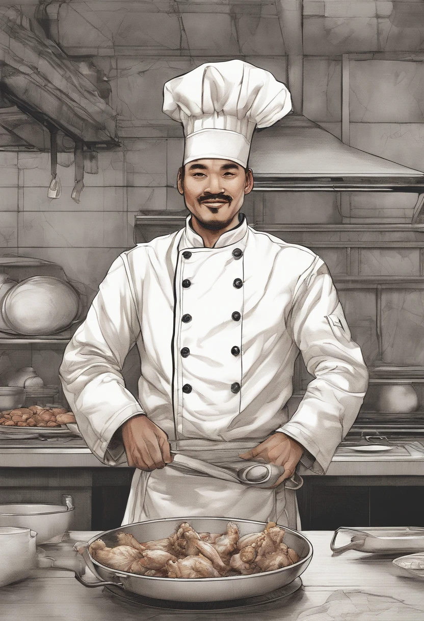 真实感, Realism,   Painting by Jean-Baptiste Monge with a photograph of the whole body, Long Shot Of Cute Fluffy Synth Humanoid Stitch Bandits In The Image Of A Chef, with a chef's hat on his head and an apron, Character sheet of old parchment paper with 24K resolution, high detail, photo realism, Realistic sketch, Rough sketch, mix of bold dark lines and loose lines, bold lines, humanoid, centered, Focus on character,   , Fluffy Blue Stitch,   Capture a touching moment, When a giant fluffy blue stitch in a chef shaf costume stands behind a huge stove in a restaurant., Crowded restaurant, Old Vintage BD Restaurant, People look at him, Savoring a plate of nasi chicken wings, Fried Chicken. The face of the stitch should glow with pure happiness and surprise, With a mouthful of meat, no matter, that it's the first time, To try this favorite chicken dish, 4k, Realistic Lighting, 真实感, Smoke effect, Lots of smells, The kitchen is lit in the background,