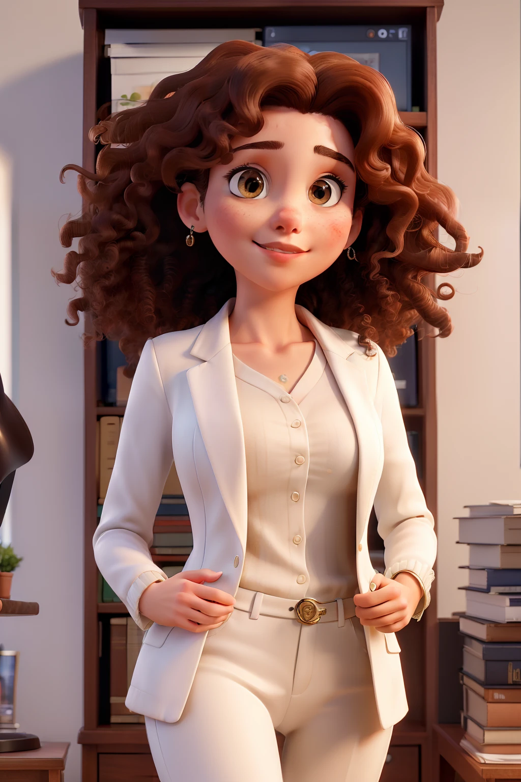 (best quality, masterpiece: 1.2), ultra-detailed, (realistic, photorealistic, photorealistic: 1.37), portraits, looking at camera, beautiful young woman in her twenties, curly BROWN hair, wearing a white suit, standing in the office