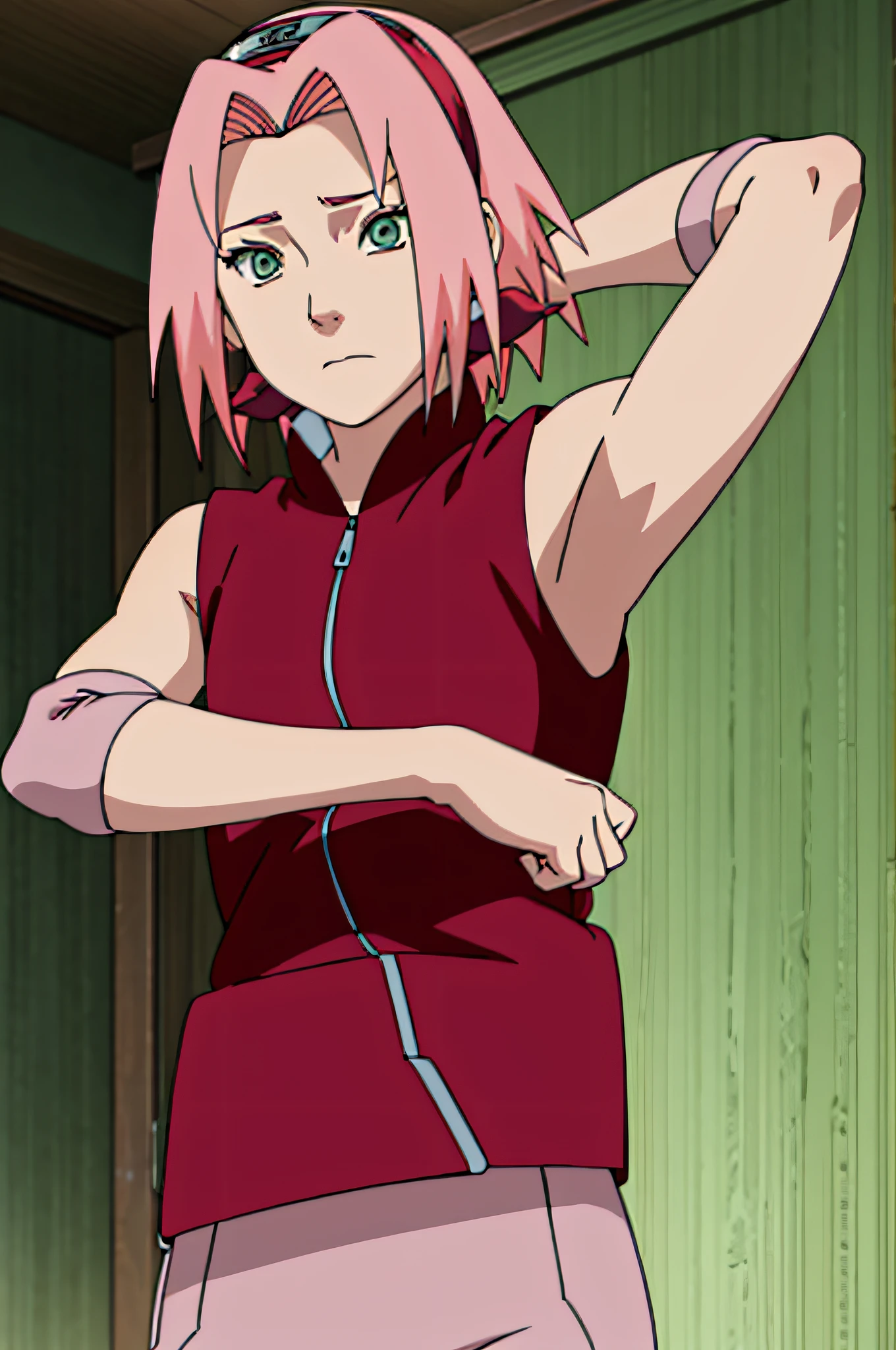 sakura haruno, sleeveless, red jacket, forehead protector, konohagakure symbol, arms behind head, armpits, showing armpits, posing, green eyes, perfect proportions, sakura shippuden