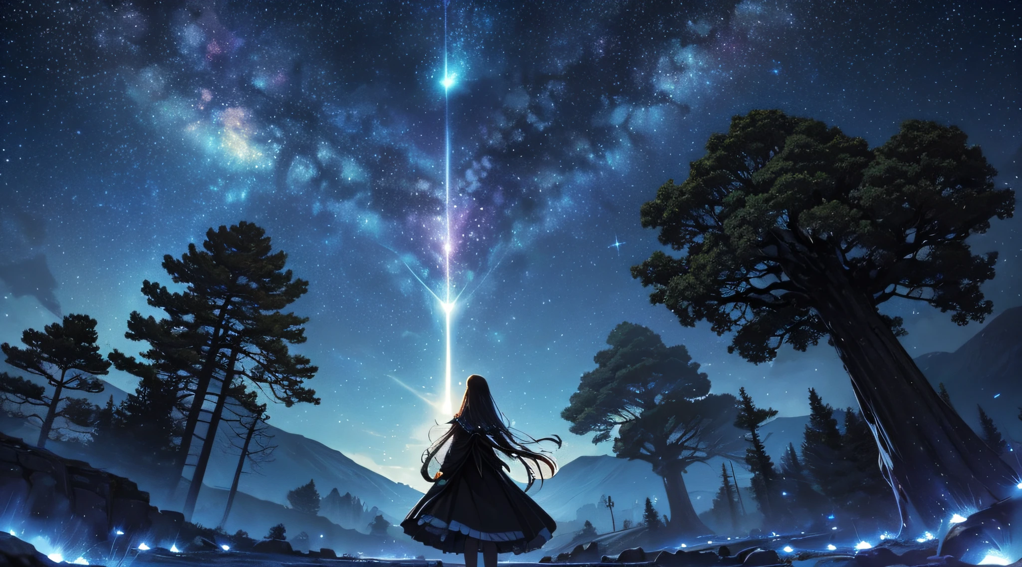 masterpiece、Background with((Fantastic starry sky、meteors、black hole))、Depth((Giant Tree、Fantastic、Luminescent))、a beauty girl、onepiece、Rear view