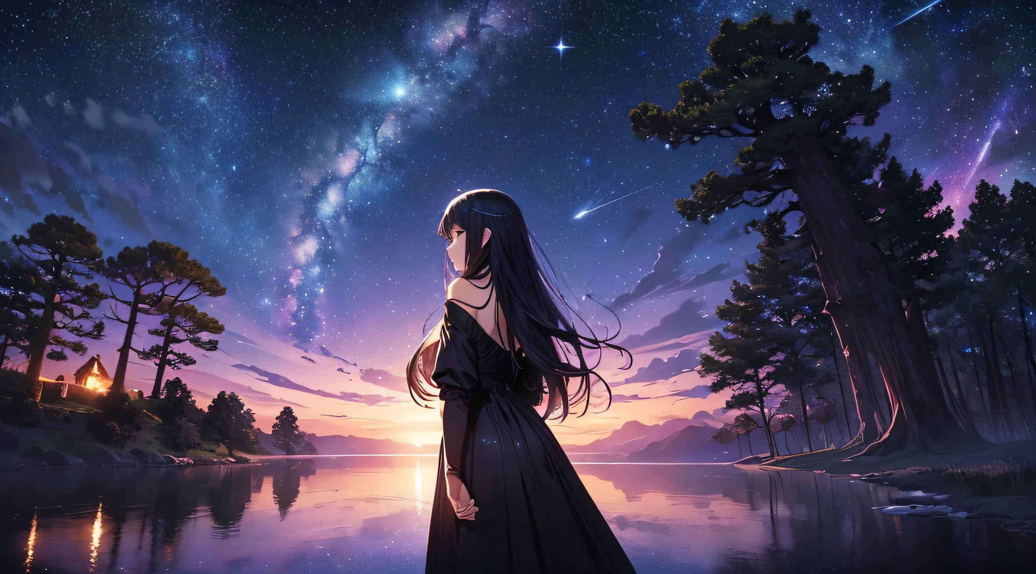 masterpiece、Background with((Fantastic starry sky、meteors、black hole))、Depth((Giant Tree、Fantastic、Luminescent))、a beauty girl、onepiece、Rear view