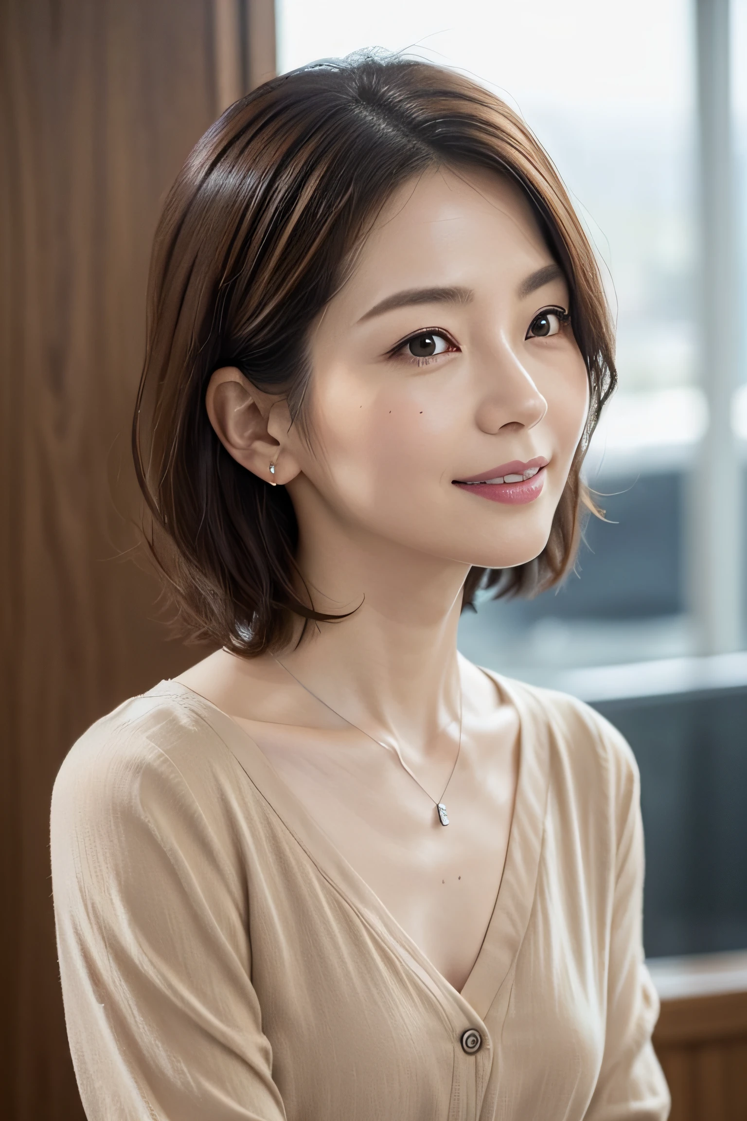 (Completely naked:1.4), (nipple:1.4), (8k, highest quality, masterpiece:1.3, 超A high resolution, Surreal), Attention to detail, (Lifelike face), Photorealistic, Raw photo, ((Beautiful woman)), Detailed face, beautiful eyes, Realistic eyes, Eyes in beautiful Details, (real skin), beautiful skins, attractive, Depth of written boundary, High resolution, High pixel count, ((profile, avert your eyes, Don't look the audience in the eye, Don't look at the camera)), Stylish cafe, The background is also shown in the photo., Clear Details, Clear photos, Natural color reproduction, noise reduction, High fidelity, Small silver-colored pendant, Small silver-colored necklace, Sexy lips, I can see the ears, Laughter, A kind smile, beautiful skins, attractive, Golden Ratio, (Detail Makeup:1.2), Professional Lighting, Facial lighting, The best light, Japanese, Japanese women, japanese mature, Mature Woman, Short Bob Hair, ((60 years old, beautiful, Facial wrinkles, Wrinkles around the eyes, Nasolabial folds, Small wrinkles, beautiful, beautiful Aunt, Medium mole, Small mole on face))