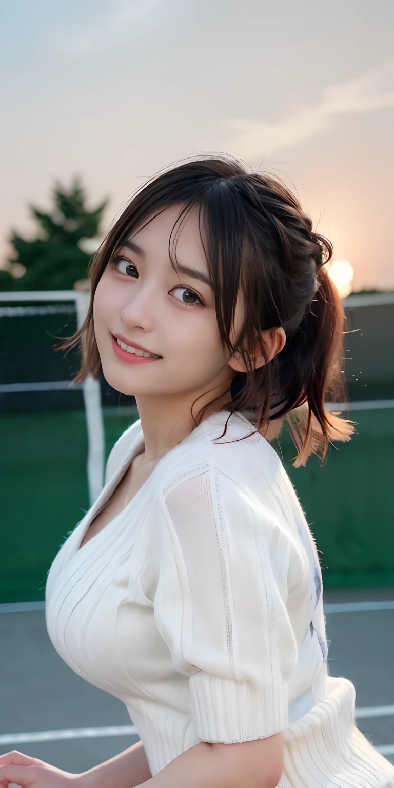 masutepiece, Best Quality,
Ultra-detailed, finely detail, hight resolution, in 8K,
((Photorealsitic:1.4, Raw photography, 超A high resolution,Top image quality: 1.4)),
Wallpaper,
((Perfect whole body configuration1.5)),
Beautiful detailed eyes, Natural Color Lip,
((a serene smile:1.5)),
((Random and cute hairstyles)),
((rather large breasts、You can see the chest:1.2)),
((from the front side:1.5)),
((breastsout、under look eyes、breastsout、Mole on the arm:0.9)),
((Random blurry background)),((the setting sun)),((Put your fingertips to your lips)),
((Random and cute facial expressions)),,
very detailed and professional lighting、
Perfect dynamic composition, Beautiful detailed eyes,((turned around:1.5)), ((White knitwear:1.5))、((long court:1.6)),((micromini skirt:1,5)),((Smile,Harajuku)),((stares at the camera))