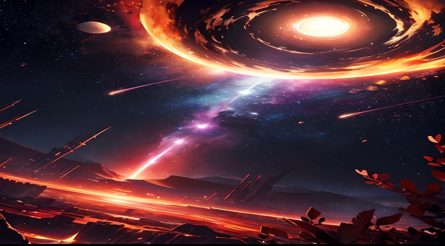 tmasterpiece、Background with((Fantastic starry sky、kosmos、Meteor swarm、black hole、Irridescent color))Depth((Planets issued in red))、look from down