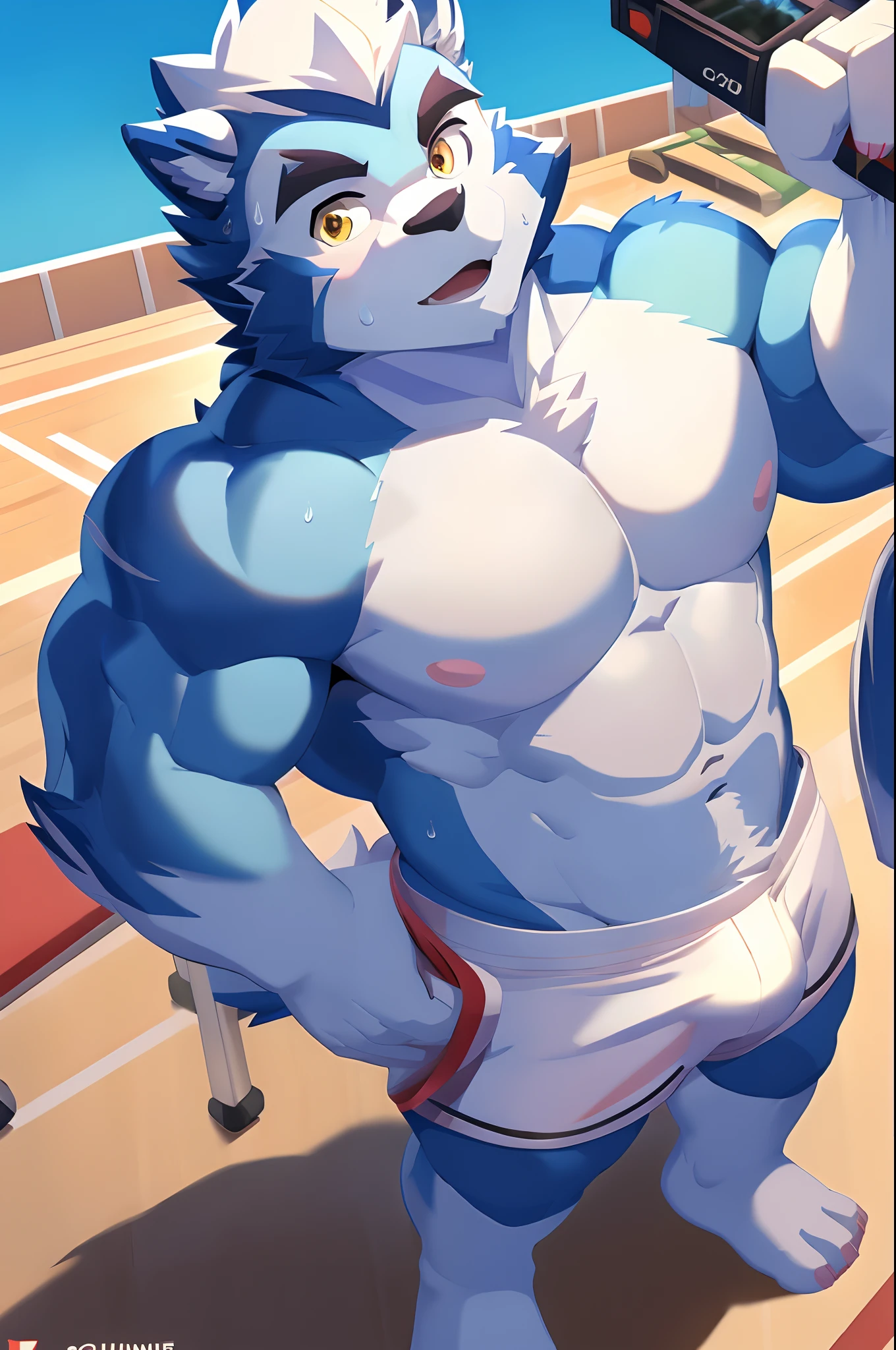 Hominidae, Pose for Camera. 4K, high resolution, Best quality, posted on e621, (Two anthropomorphic blue wolves:1.2), male people, 20yr old, Thick eyebrows, Light blue fur, Ultra-short hair, shaggy, Strong body, large pecs, ((Shirtless)), They were leaning together, Pink milk clusters, Golden pupils, sweat leggs, White skinny shorts, medium bulge, In the gym, (sport, Muscular, Heavyweight:1.2), Correct anatomy, (by Chunie, author:Taran Fidler:0.8), (Detailed eyes:1.2), Sexy, (cel-shaded:1.2), cartoon shading, shyexpression, Be red in the face, (view the viewer:1.2)
