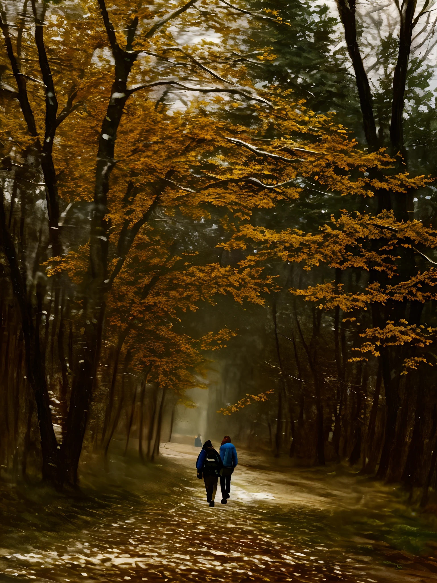 Oil painting, trees, person walking, leaves falling
