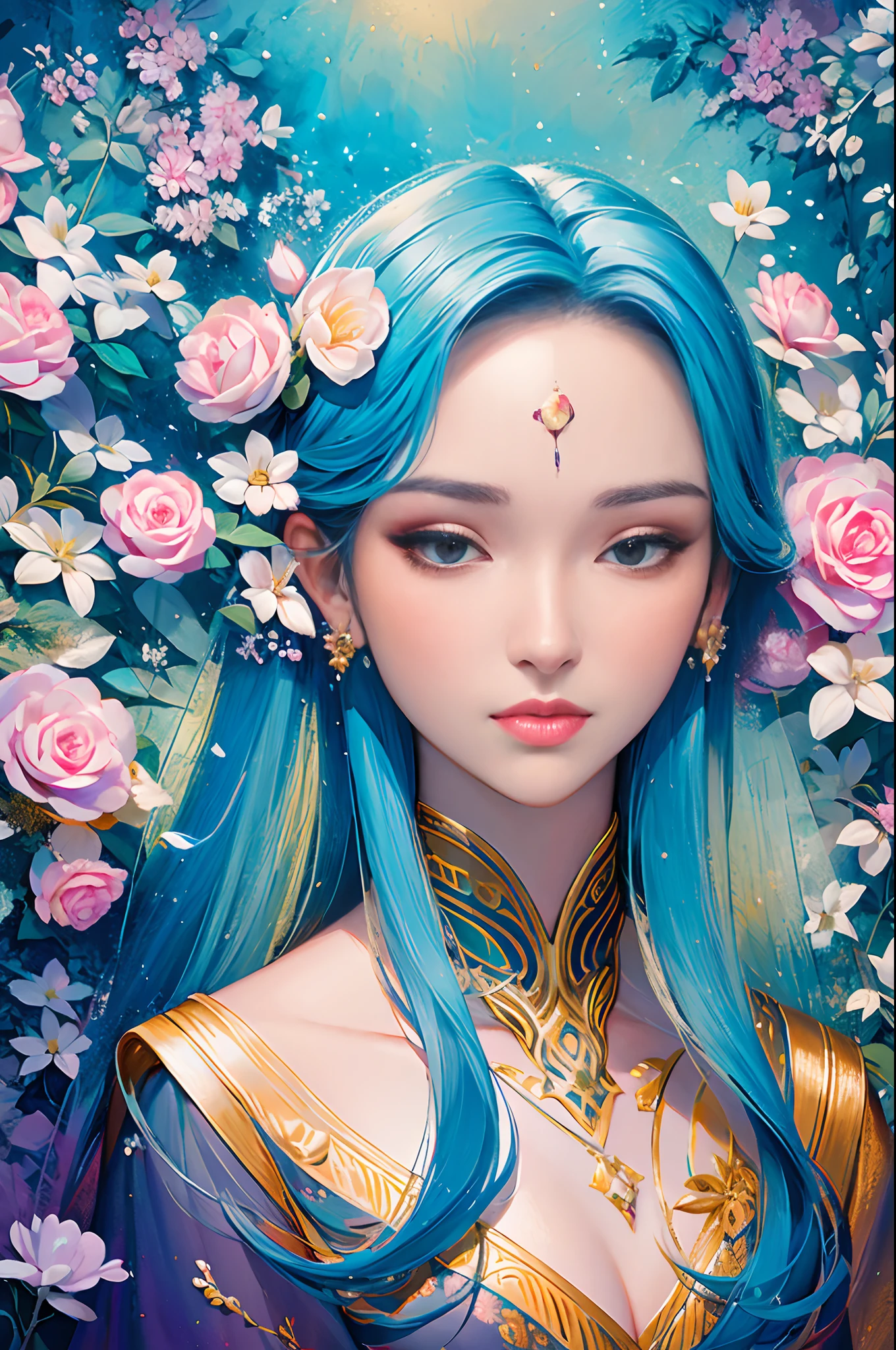 Ultra-high resolution (8K, Best quality), Highly detailed, Masterpiece:1.2, Amazing image of a beautiful woman, Delicate facial features, mesmerizing eyes, Mesmerizing lips, Flowing hair, An ethereal game of light and shadow, vivid vivid colors, Intricate floral elements, Seamless integration of fractal art, Rich and varied textures, Dreamlike atmosphere, Harmonious composition, dynamicposes, graceful movements, Lovely garden setting, Captivating perspective, magical ambiance, Surreal and engaging visual storytelling, Finely crafted brushstrokes, Meticulous attention to detail, Immersive、Lifelike depiction, Out of this world、Awesome artistic expression.