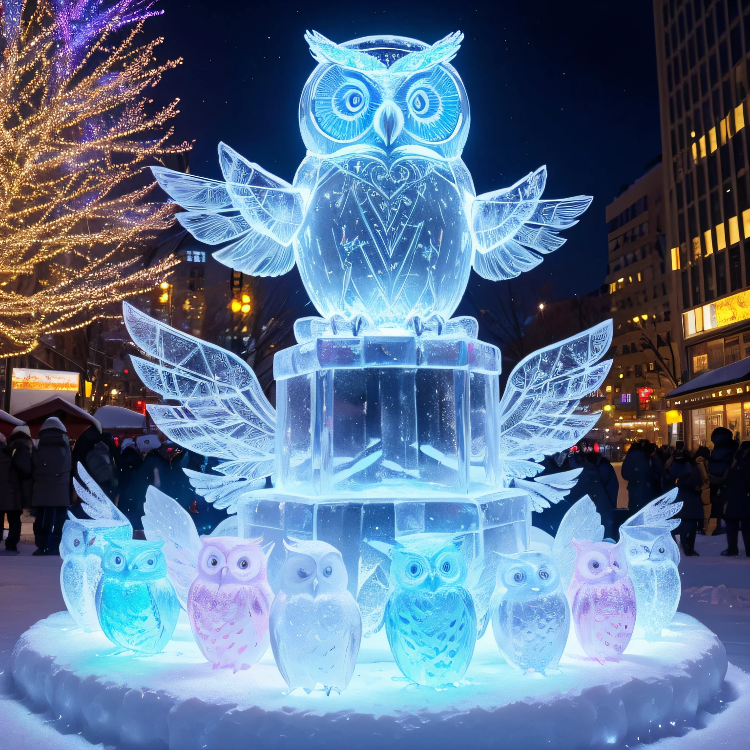 transparent Ice sculpture, (A sculpture of a cute owl with its wings spread), Sapporo Snow Festival, Glittering lights, rainbow-colored wind, (Masterpiece), (Best Quality), (Ultra high Detailes)