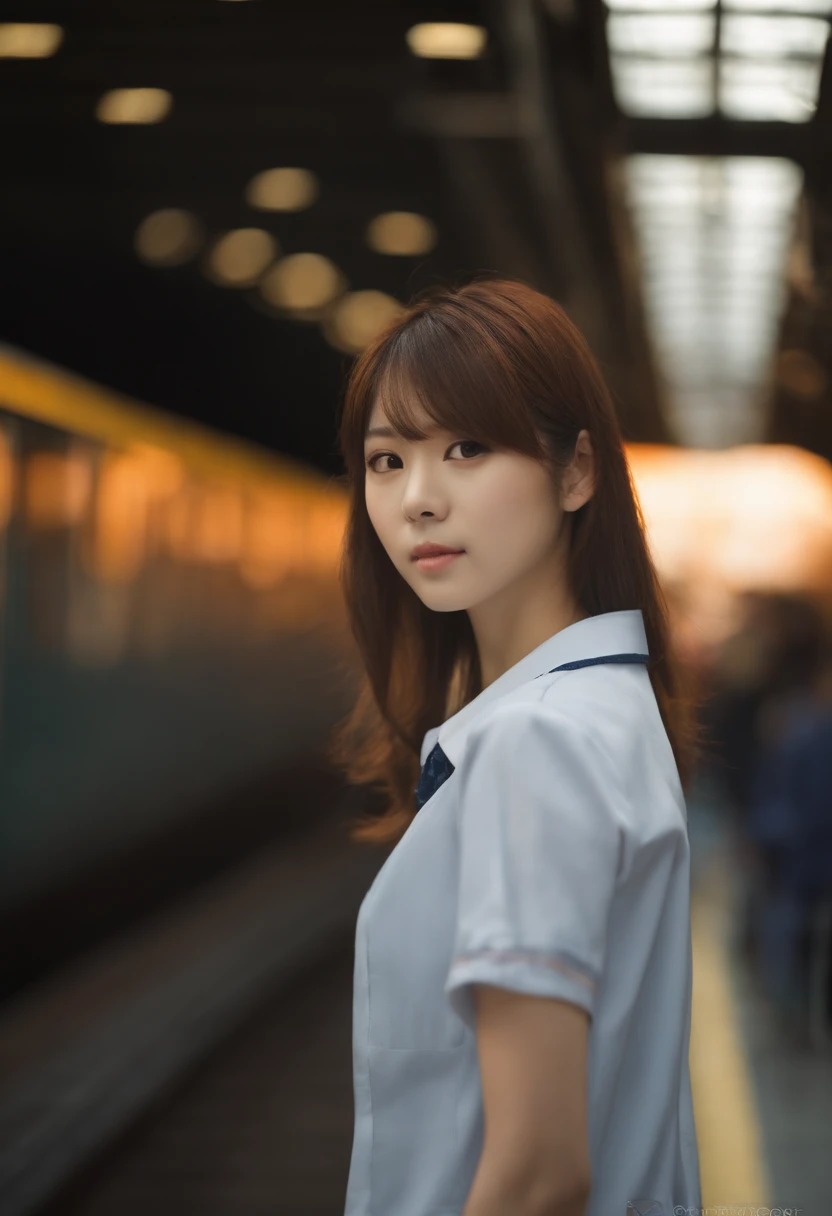 photos realistic (1 Japan star Nogizaka 46) Hair turned, Fine Makeup, medium breasts size, Orange polo shirt, At the train station, Canon EOS clear facial features, 16 K, High resolution, Crisp and realistic details, Overexposure, court, nffsw, Haute, Best Quality