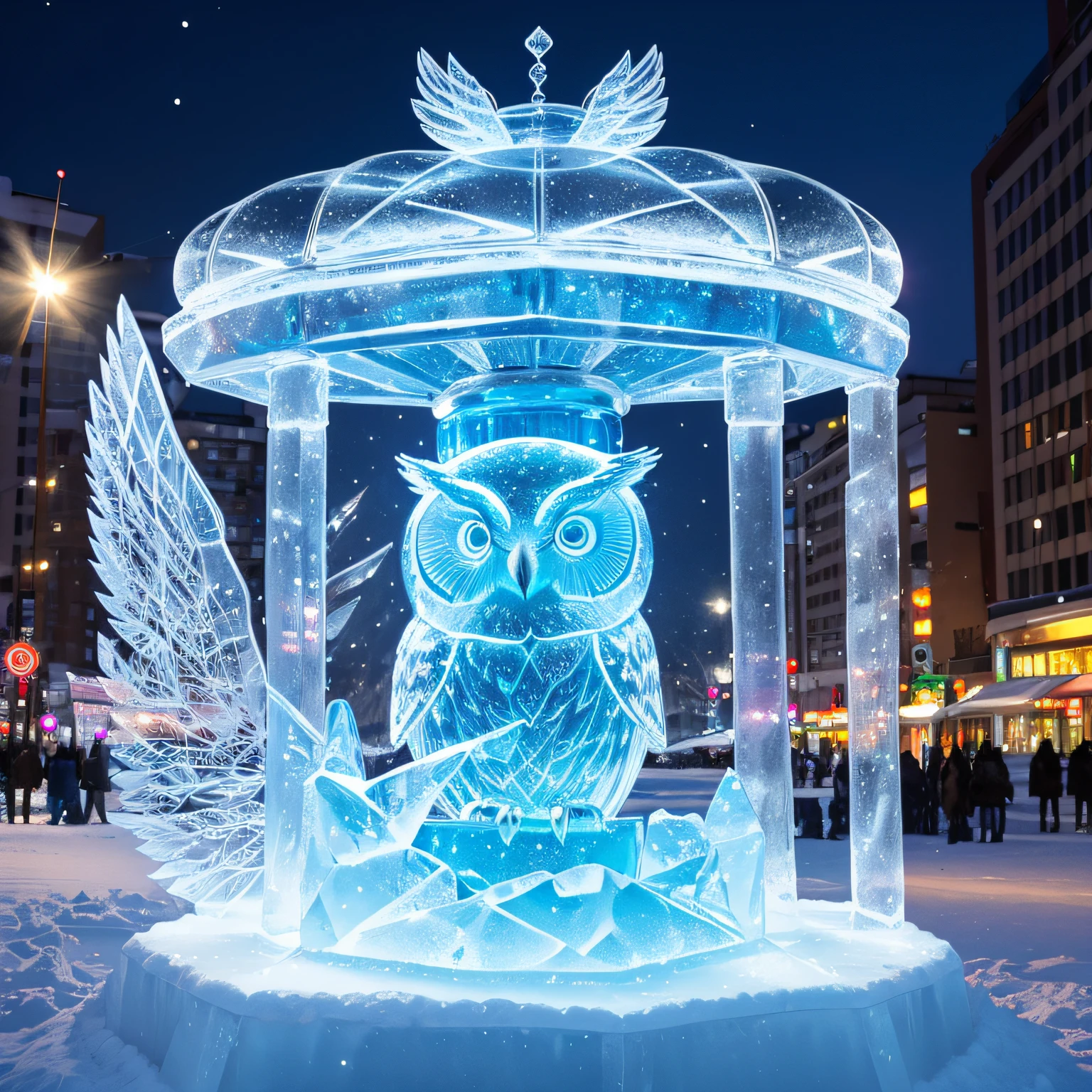 transparent Ice sculpture, (A sculpture of a cute owl with its wings spread), Sapporo Snow Festival, Glittering lights, rainbow-colored wind, (Masterpiece), (Best Quality), (Ultra high Detailes)