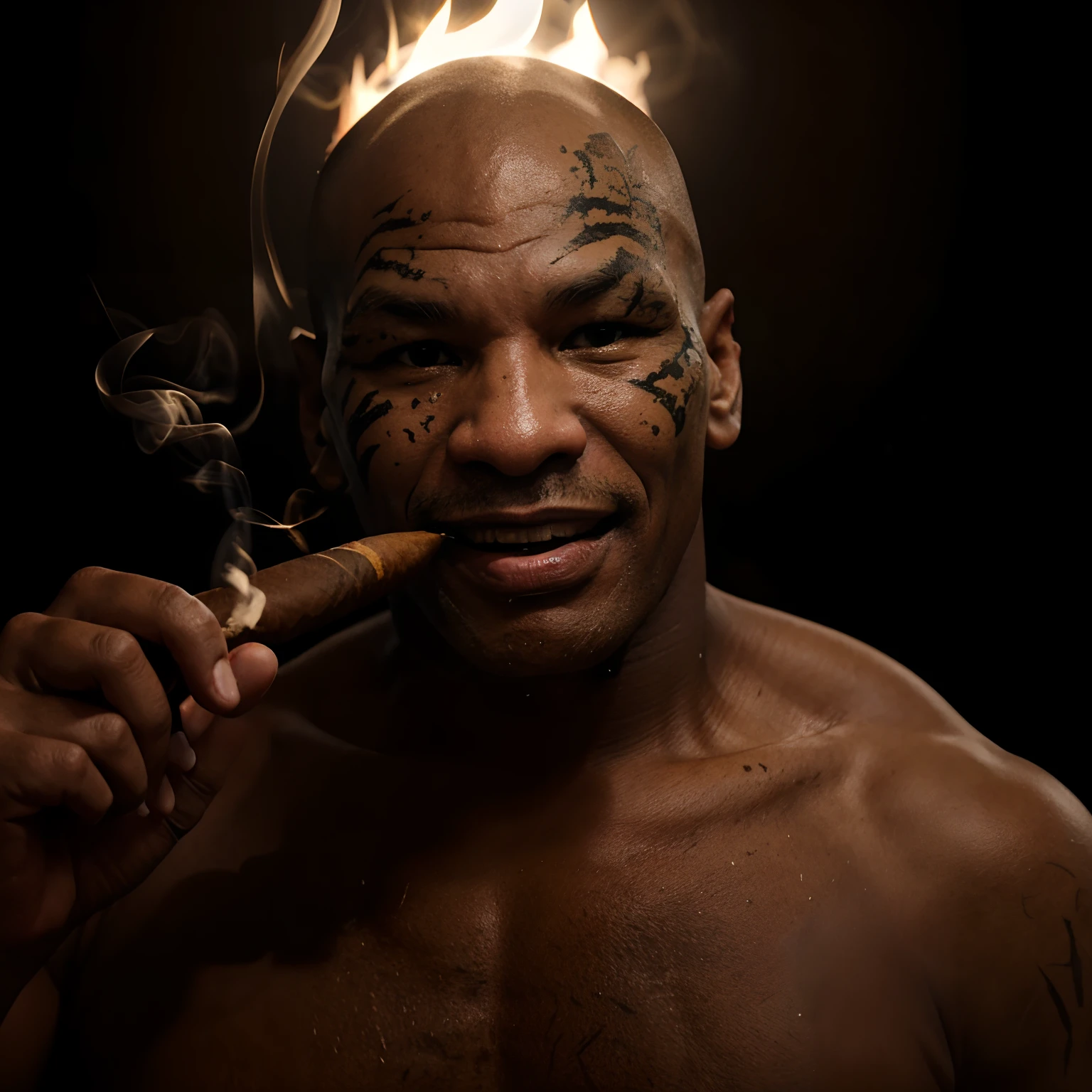 Mike tyson smiling in the darkness bakcground only him showing while smoking a cigar in his mouth 4k