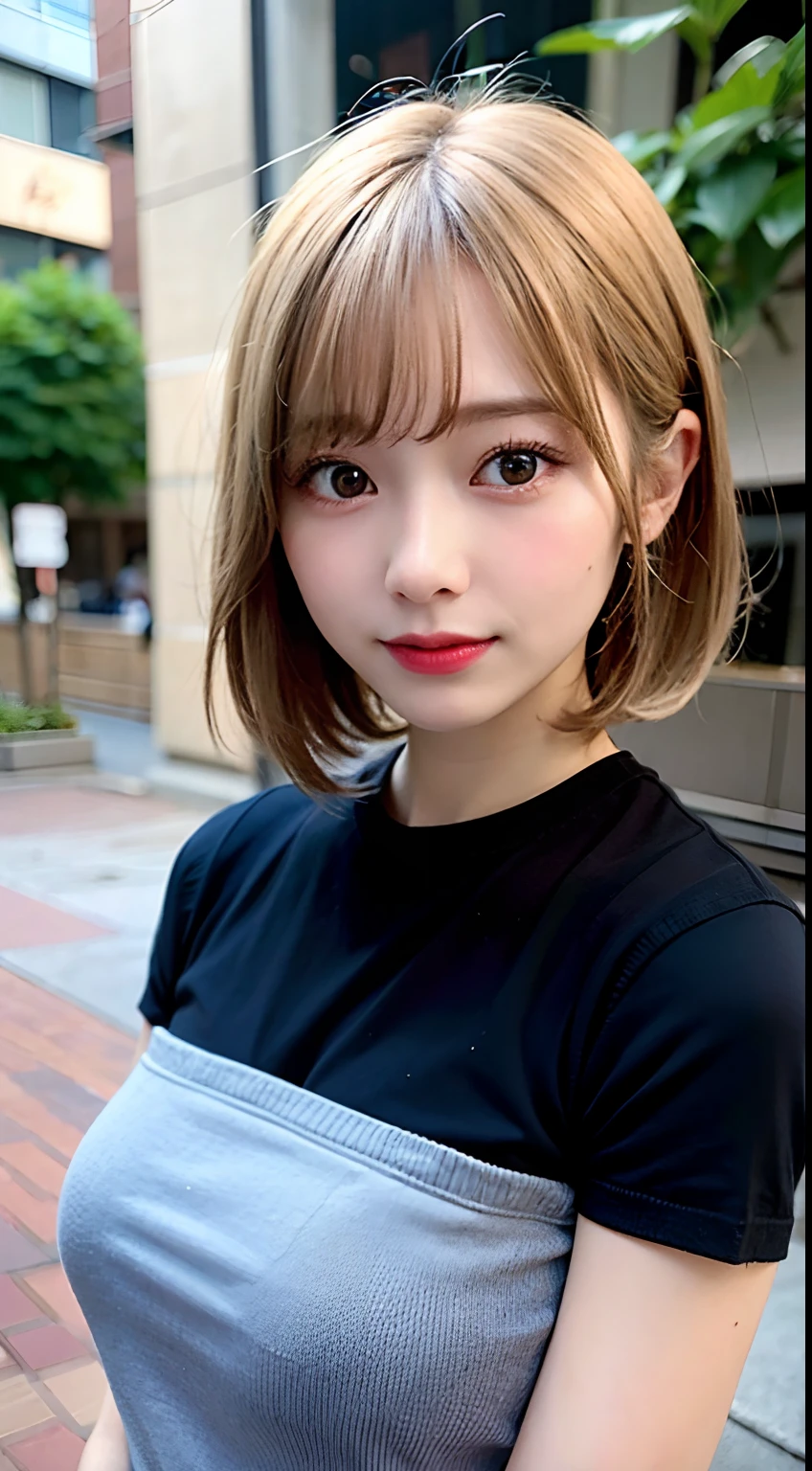 (8K, Raw photo:1.2), Detailed face and eyes,Best Quality, 超A high resolution, Highly detailed ,intricate detailes ,masutepiece ,Cute Girl , Soft cinematic light, Hyper-detailing,Sharp Focus, High quality, Blonde hair, bob cuts, tits out, Long T-shirt