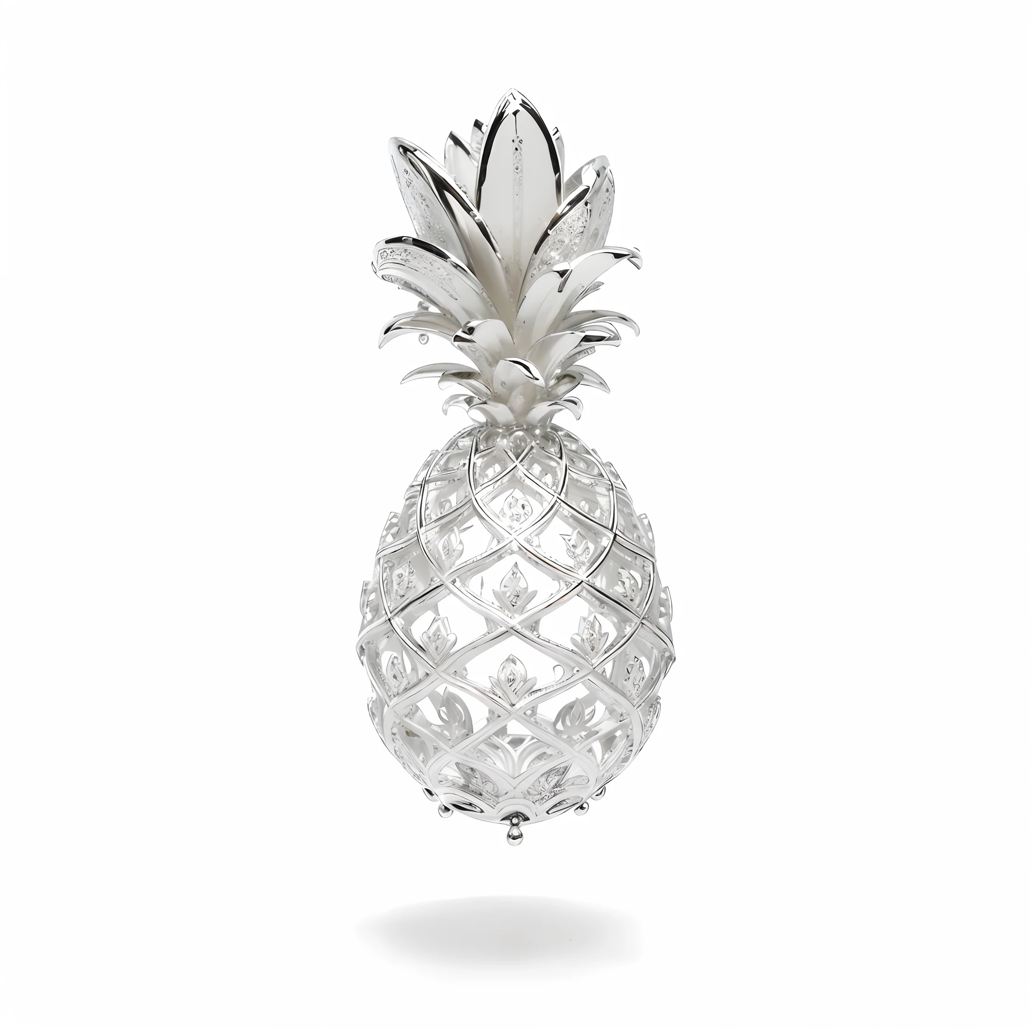 Close-up of a pineapple pendant on a white background, Heavy filigree, filigree, silver filigree, exquisite fine details, Masterpiece with exquisite details, silver insignia, Detailed filigree, intricate fine ornaments, intricate filagree, silver ornaments, pineapples, intricatedesign, decor, Complex filigree, Intricate fine details, highly detailed carvings