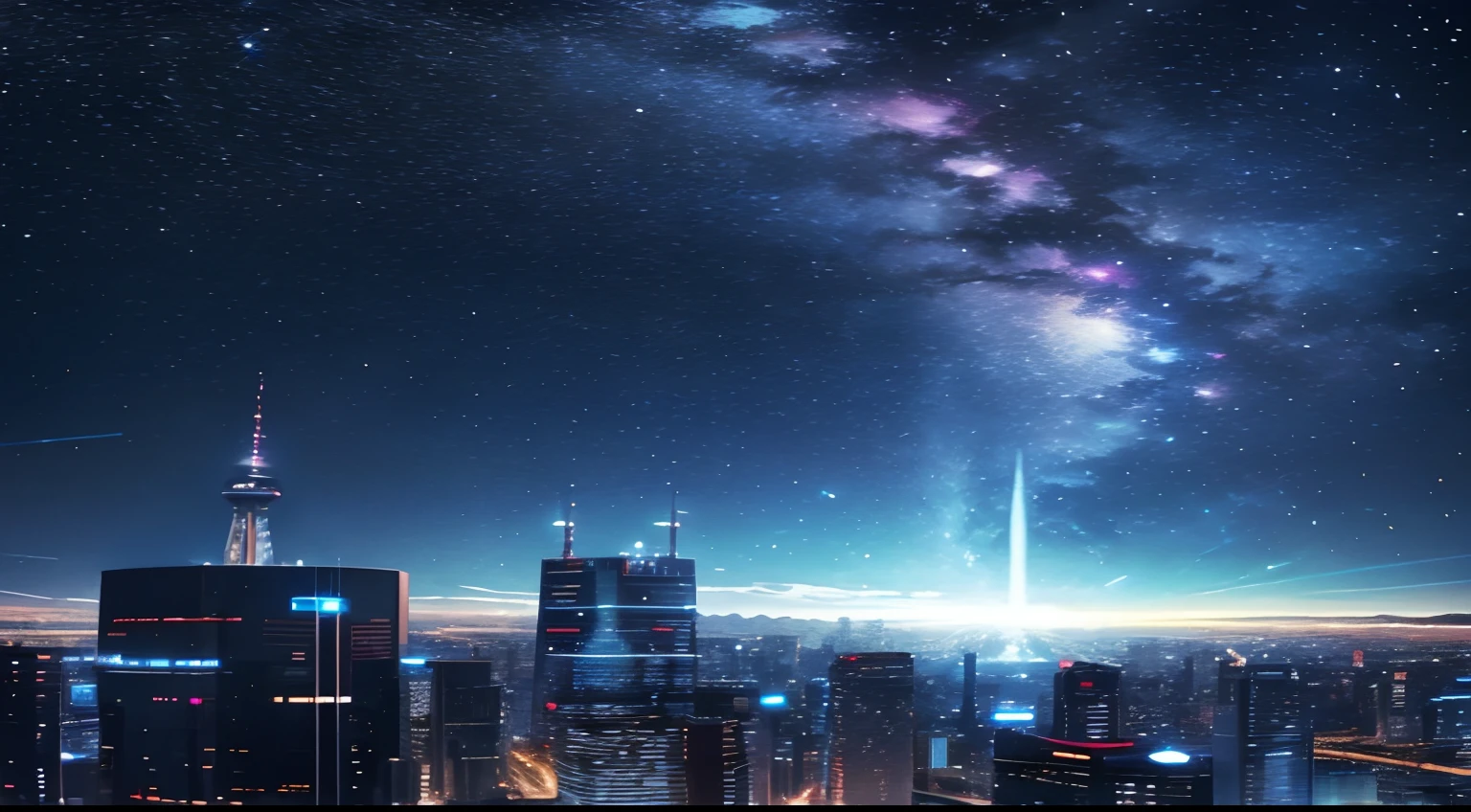 tmasterpiece、Background with((Fantastic starry sky、kosmos、Meteor swarm、black hole、Irridescent color))Depth((Sky City))、look from down