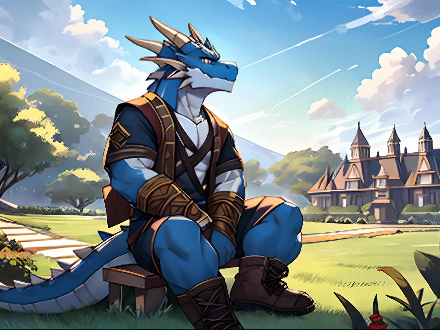 Blue Dragon Orcs，Pale golden pupils,Blue scales，The scales on the abdomen are white，modern day，Boy student，Sit on the lawn，Looking Up The Sky，Looking Up The Sky，Dressed in casual attire