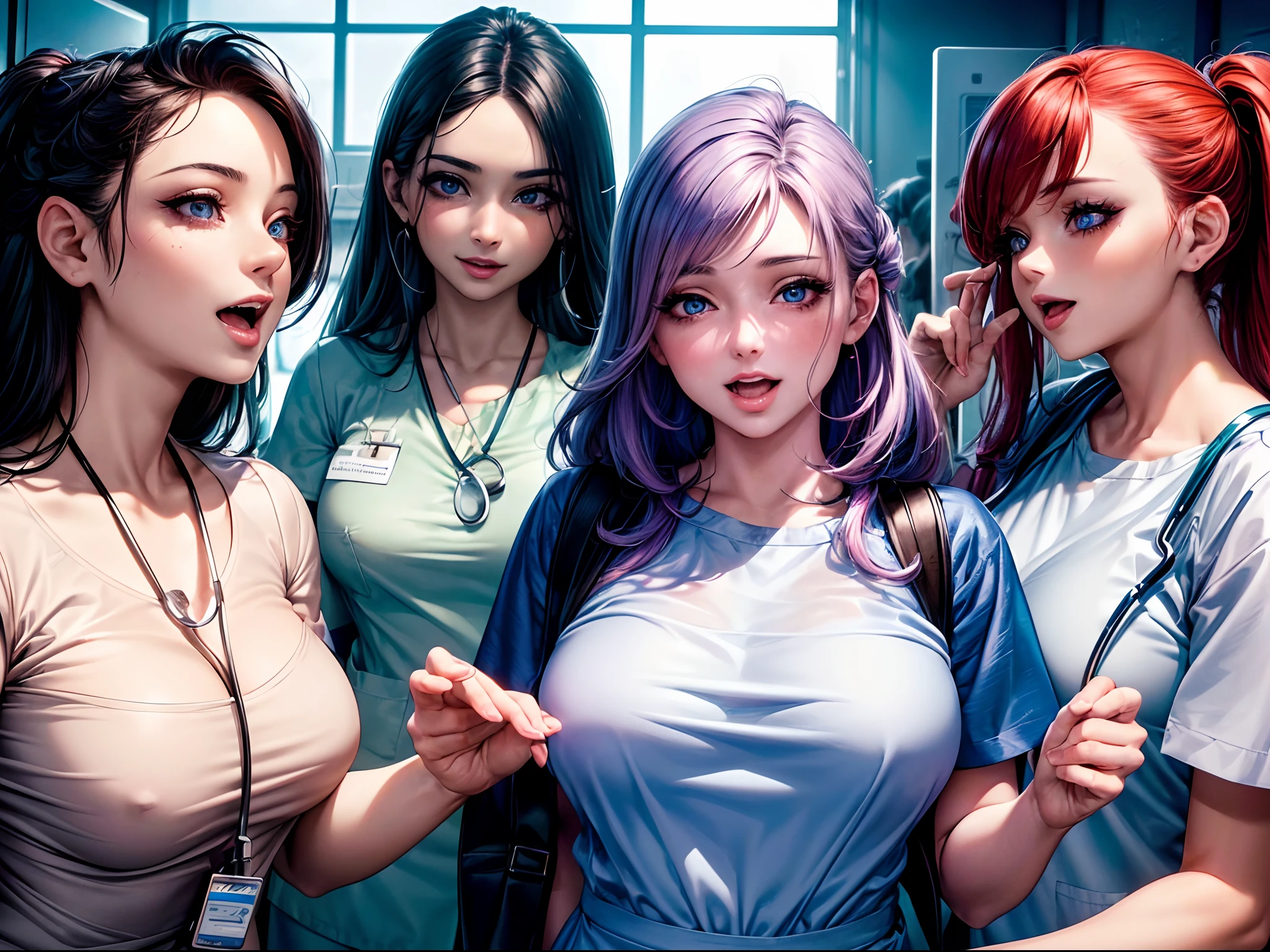 (a group of playful, mischievous nurses with (beautiful detailed eyes, beautiful detailed lips, extremely detailed faces) having a blast, enjoying themselves) + (in a hospital environment, wearing colorful scrubs) + (best quality, 4k, highres, masterpiece:1.2), ultra-detailed, realistic:1.37 + (vibrant colors, professional lighting)