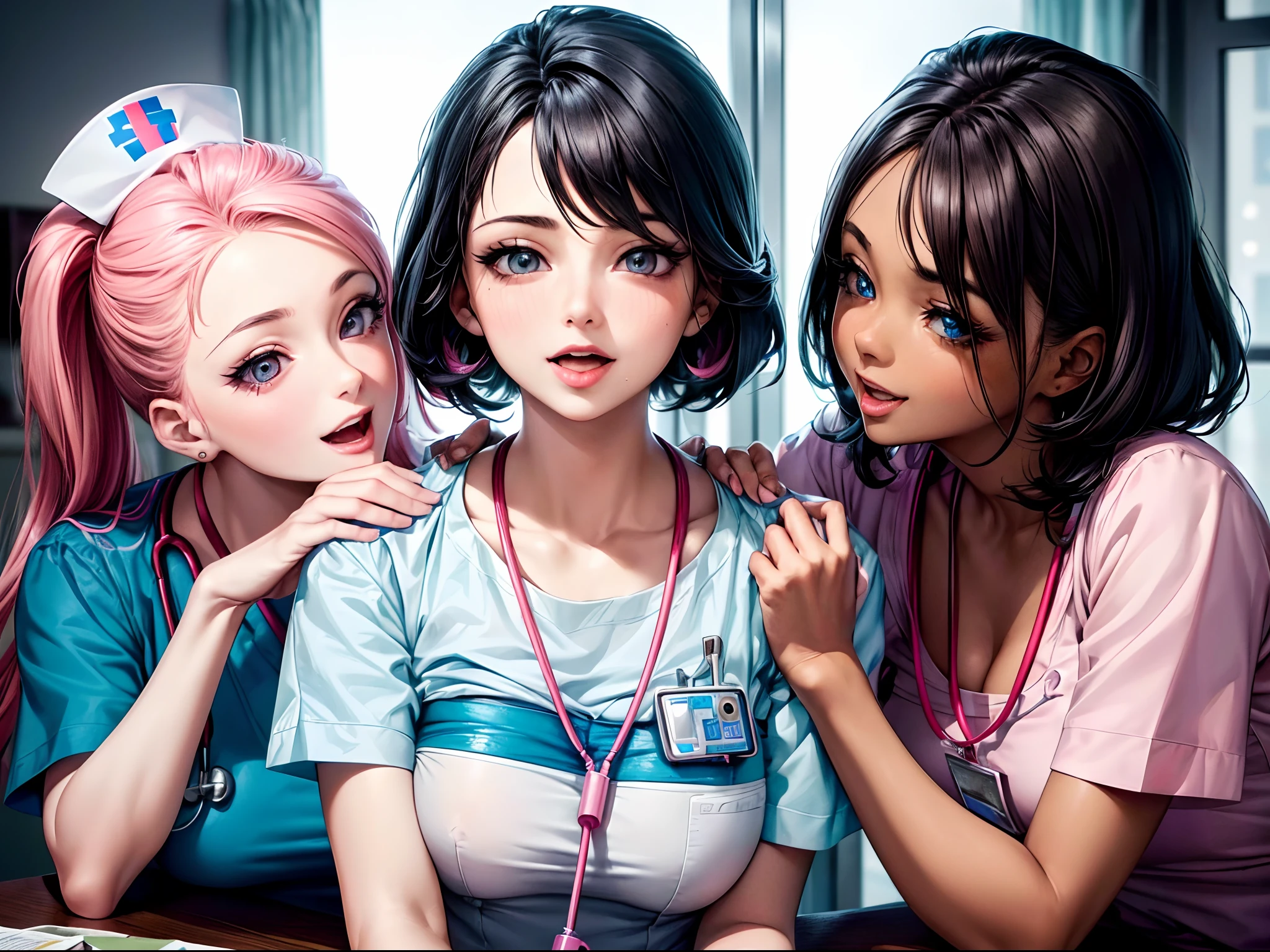 (a group of playful, mischievous nurses with (beautiful detailed eyes, beautiful detailed lips, extremely detailed faces) having a blast, enjoying themselves) + (in a hospital environment, wearing colorful scrubs) + (best quality, 4k, highres, masterpiece:1.2), ultra-detailed, realistic:1.37 + (vibrant colors, professional lighting)