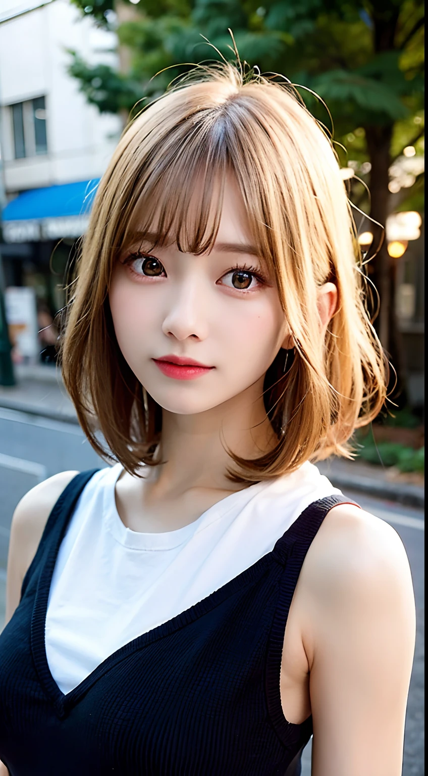 Tabletop, Highest quality, shape, Very detailed, High resolution, 8k wallpaper, Perfect dynamic composition, One Japanese woman,Beautiful and beautiful eyes, Cute eyes,Large Breasts,whole body,Natural Lip, white T-shirt,(see-through nipples:1.1),bustling street,Very fine grain definition,(Round face),beautiful girl,,Realistic,Tiny bangs,Droopy eyes,A shy smile,Brown Hair,Aligned teeth,