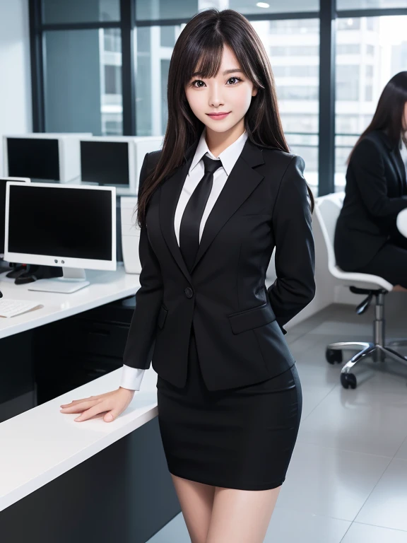 ((glistning skin))、女の子1人、15 year old beautiful girl in Prague、bright expression、Glossy glossy skin、(Medium Hair)、eye liner、Beautiful bangs、Hair between the eyes、Digital SLR、Soft light、hightquality、natural soft light、Looking at the camera, a smile、Secretary, black business suits, black suits(high-heels), High floor office background、Tight skirt, a computer, personal computers,Beautiful standing figure、Arms behind、I can't lean back