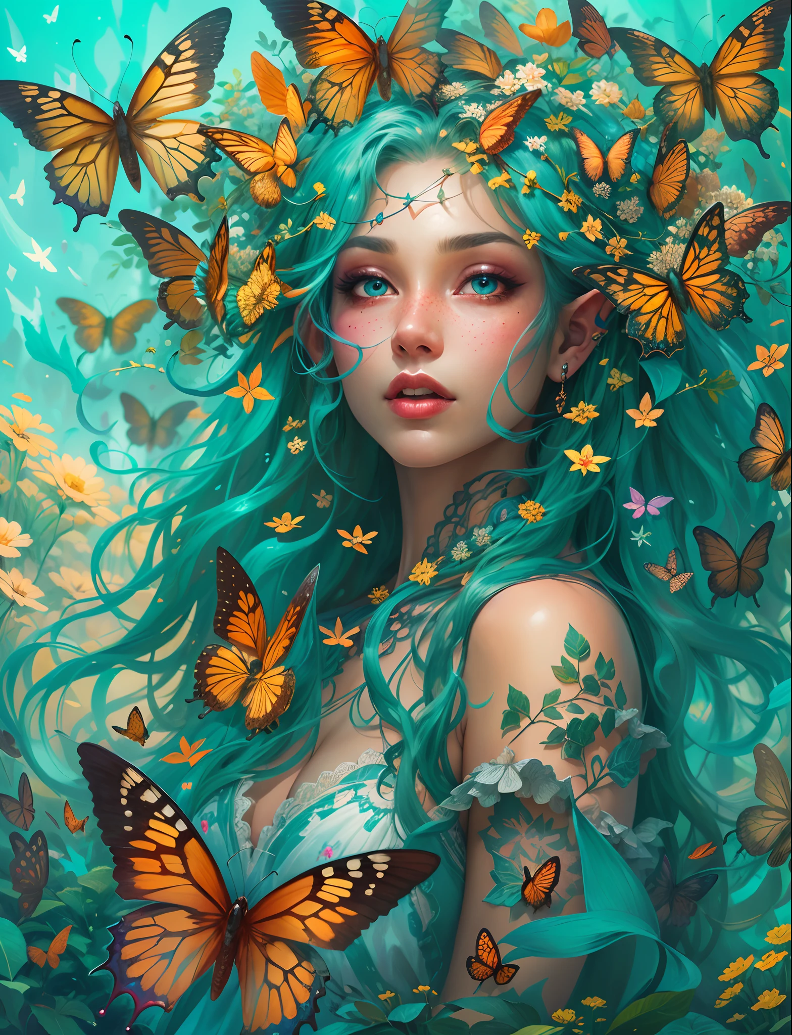 a drawing，A woman is surrounded by butterflies，A garland is worn in his hair, long light curly hair，Turquoise eyes，Thick lip，ears of elf，freckle，Delicate butterflies，coloured with lots of colour，with light glowing，Ethereal beauty，Fantasy art style, Epic fantasy art style HD, colorfull digital fantasy art, magic fantasy highly detailed, fantasy style art, digital art fantasy art, beautiful fantasy art, detailed fantasy digital art, digital art fantasy, beautiful detailed fantasy, fantasy highly detailed, Epic fantasy art style, vibrant fantasy style, detailed fantasy art