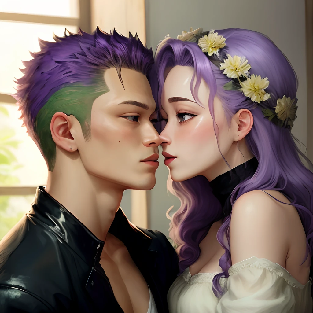 A woman with purple hair and hazel eyes kissing Roronoa Zoro