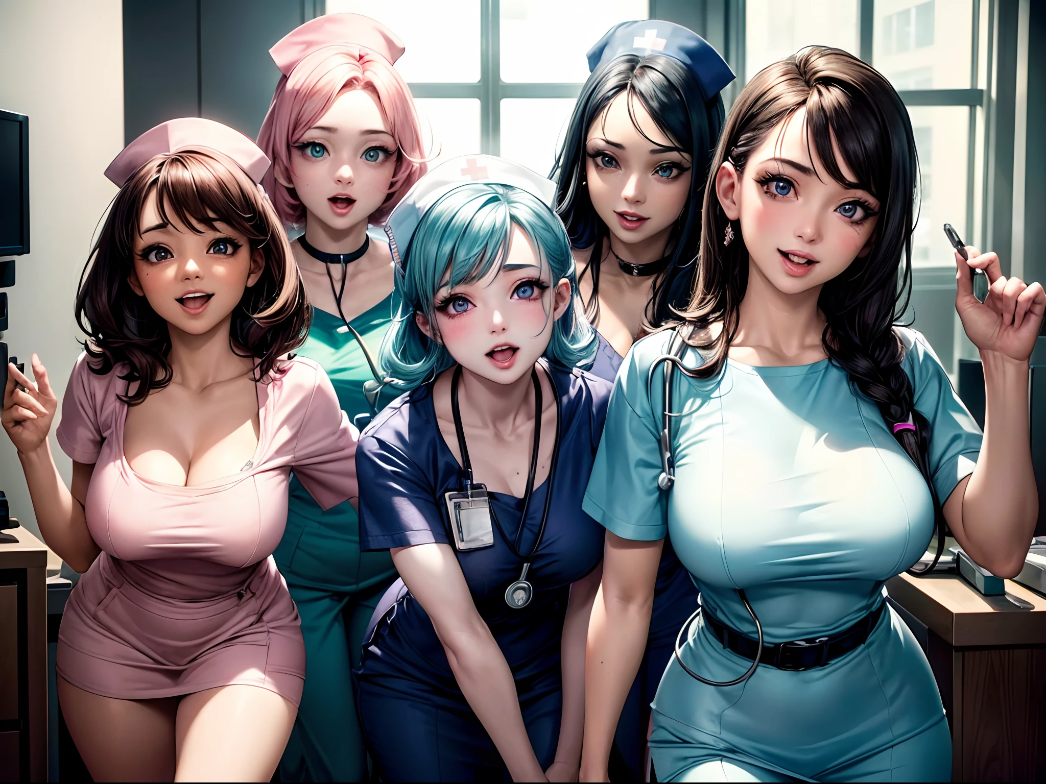 (a group of playful, mischievous nurses with (beautiful detailed eyes, beautiful detailed lips, extremely detailed faces) having a blast, enjoying themselves) + (in a hospital environment, wearing colorful scrubs) + (best quality, 4k, highres, masterpiece:1.2), ultra-detailed, realistic:1.37 + (vibrant colors, professional lighting)