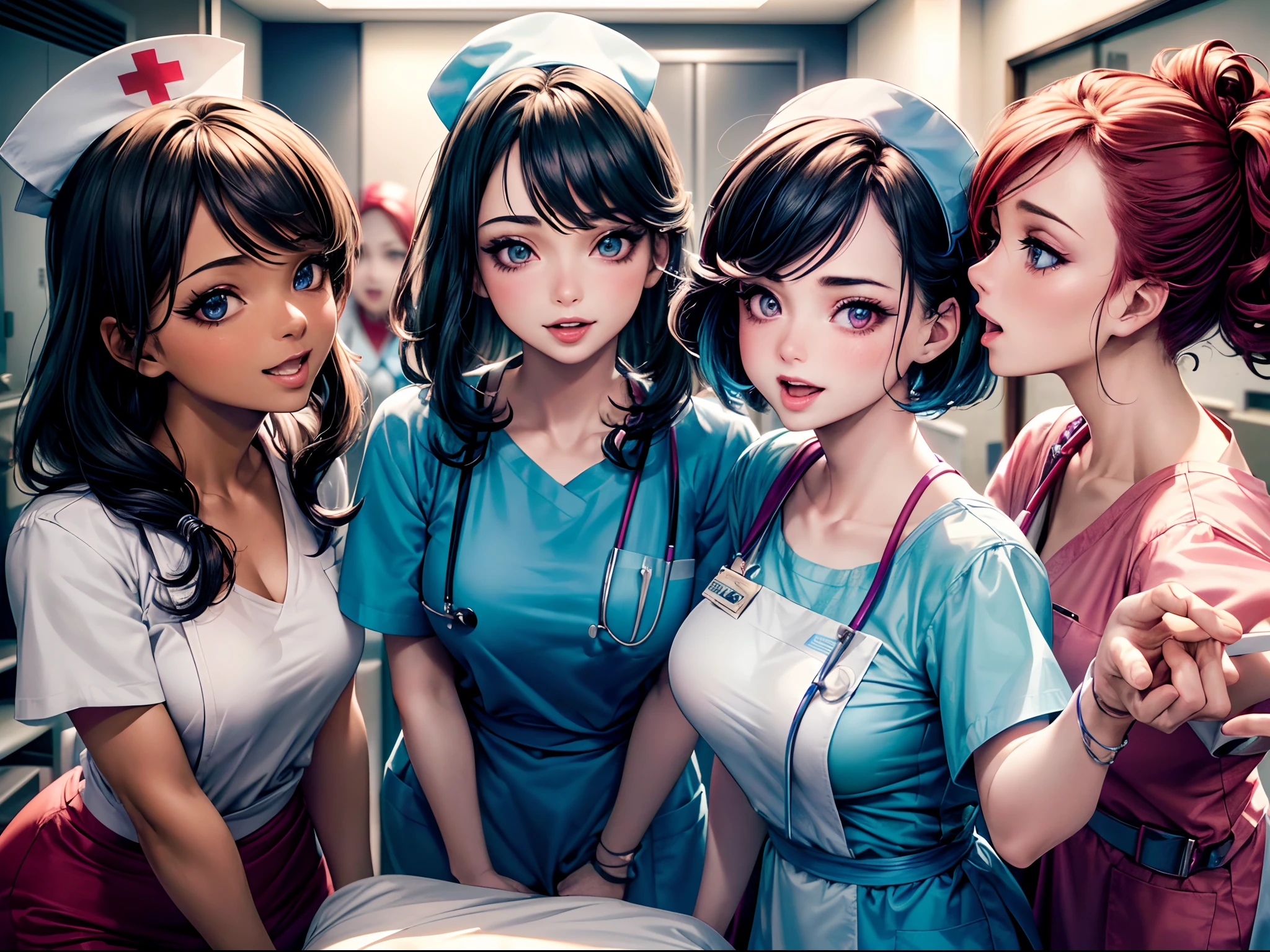 (a group of playful, mischievous nurses with (beautiful detailed eyes, beautiful detailed lips, extremely detailed faces) having a blast, enjoying themselves) + (in a hospital environment, wearing colorful scrubs) + (best quality, 4k, highres, masterpiece:1.2), ultra-detailed, realistic:1.37 + (vibrant colors, professional lighting)