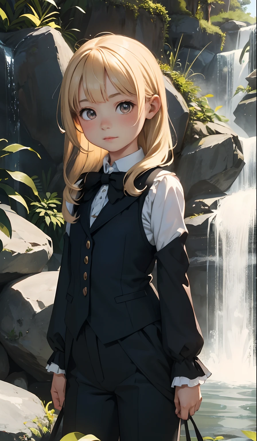 Perfect picture,,{Chiquita,ta}{Kid by the waterfall}{tailcoat}{hedonism},{I enjoy},8 yel,4K picture quality, Cinematic,,{Gamine},{small body and chest,,,,,,} Longhaire,a blond,Cute expression,face perfect
