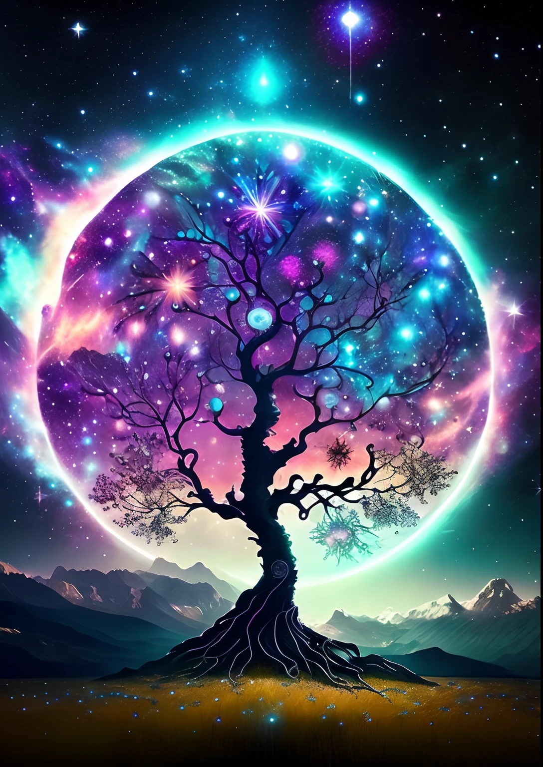 Dreamlikeart, galaxia, espacio, nebulosa, estrella, [cyberpunked] Bodhi Tree of the Stars (estrella:1.5),