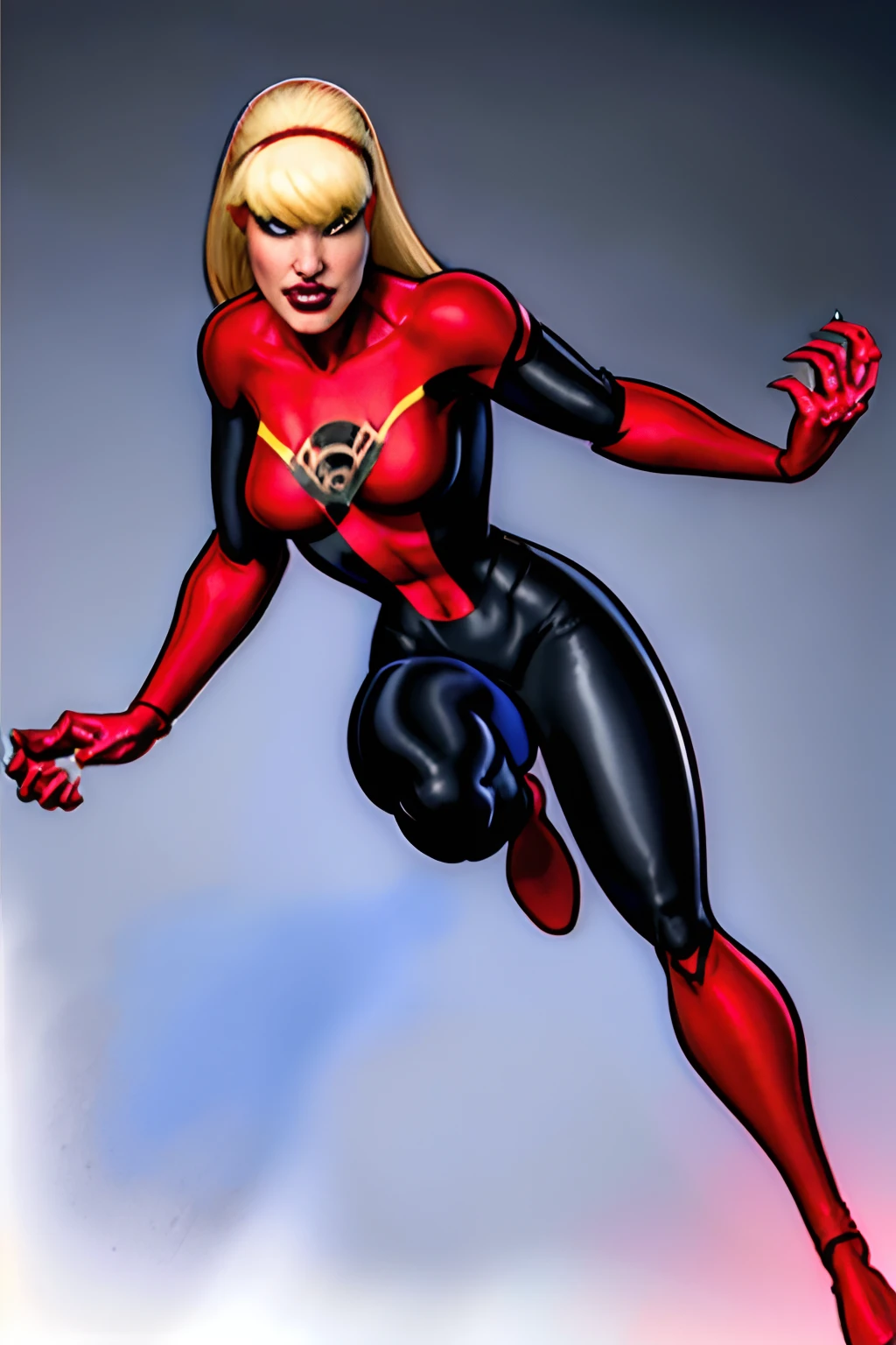 Supergirl, Red Lantern, Carnage (Klyntar), beautiful young woman, long strawberry blonde hair, flying over Metropolis, Venomized, Marvel DC fusion, highres, ultra-detailed, realistic:1.37, vivid colors, studio lighting, portraits, comic book style, vibrant color palette, dramatic lighting.