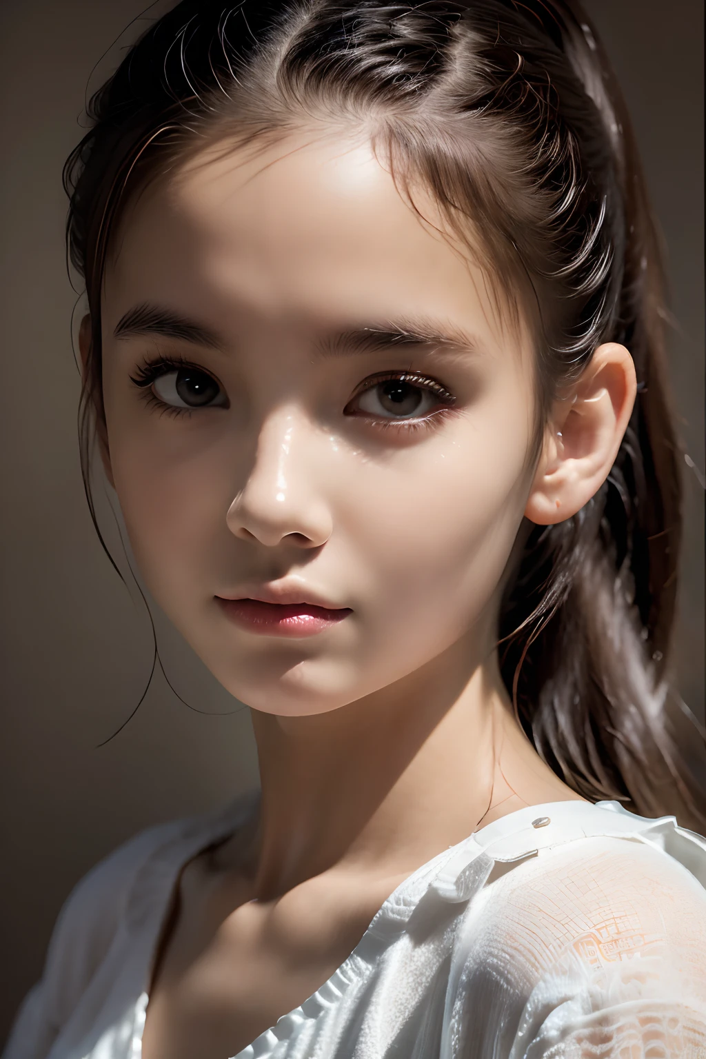 Verism, chiaroscuro, drop shadow, UHD, masterpiece, anatomically correct, textured skin, high details, high quality, highres, best quality, 5-year-old girl, beautiful detailed face, short ponytail, half body shot,