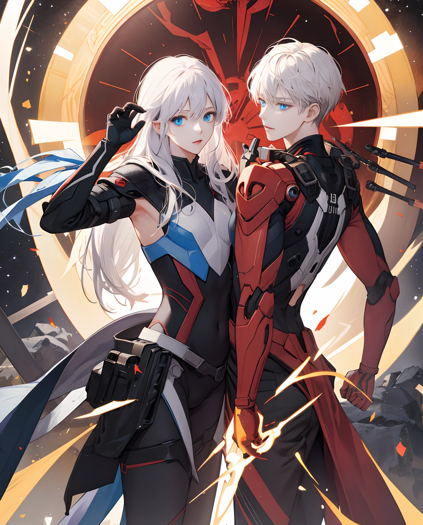 top-quality、Top image quality、masterpiece、超A high resolution、Android Beautiful Girl、sixteen years old, Glowing red cyber suit, The source of red energy on the chest、white shiny hair、Fluffy hair,Blue eyes、A slender、The face is depicted in detail、Eyes are drawn in detail、Clothes are depicted in detail、hiquality、Beautiful Art、Fantastic Universe、Elaborate design、soio、sorcerer、animesque、illustratio、Full body front