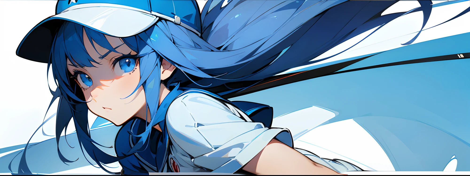Anime girl in baseball uniform, idol, cheer girl, Baseball hat, Cool Beauty, glareing, Powerful eyes, Tall anime woman with blue eyes, Aura from the eyes, Bullish look, Cool anime woman with blue long hair, anime moe art style, Ai Kozaki, blue shining eyes, Anime Girl, Azure Blue Eyes, Young Anime Woman, shigenori soejima illustration, Yusuke Nomura Manga Art Style, bright blue eyes, a female anime character, Blue Eye. Anime, Anime Character --auto