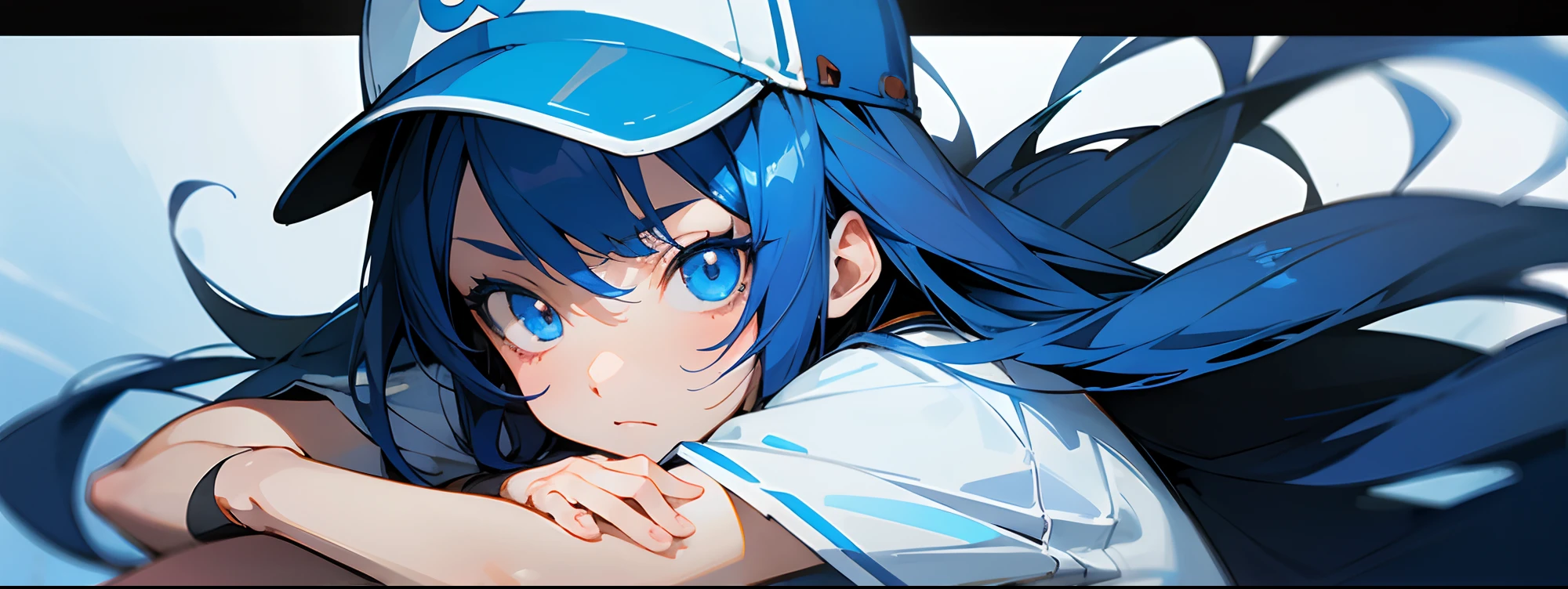 Anime girl in baseball uniform, idol, cheer girl, Baseball hat, Cool Beauty, glareing, Powerful eyes, Tall anime woman with blue eyes, Aura from the eyes, Bullish look, Cool anime woman with blue long hair, anime moe art style, Ai Kozaki, blue shining eyes, Anime Girl, Azure Blue Eyes, Young Anime Woman, shigenori soejima illustration, Yusuke Nomura Manga Art Style, bright blue eyes, a female anime character, Blue Eye. Anime, Anime Character --auto