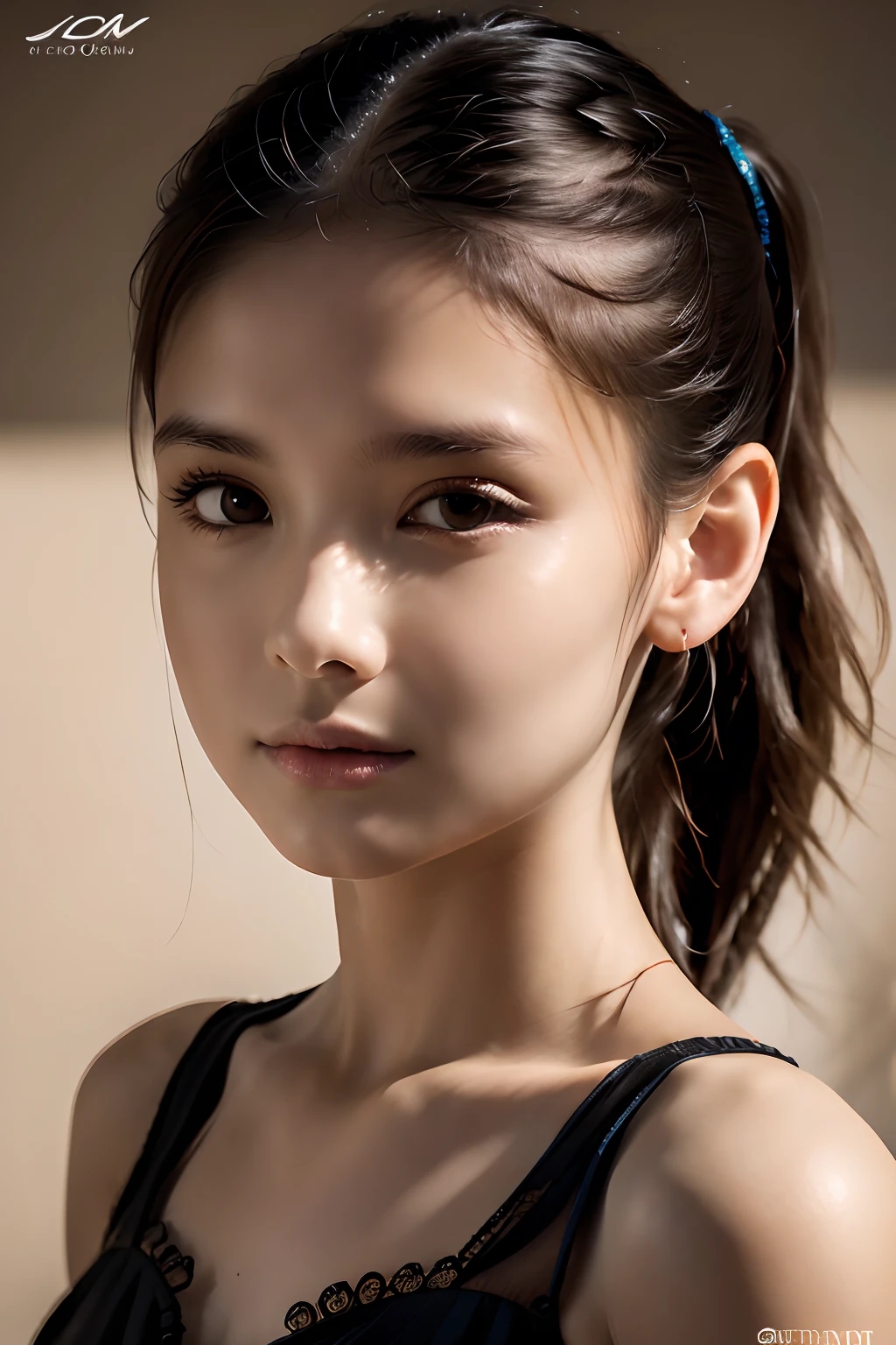 Verism, chiaroscuro, drop shadow, UHD, masterpiece, anatomically correct, textured skin, high details, high quality, highres, best quality, 5--old l, beautiful detailed face, short ponytail, half body shot,