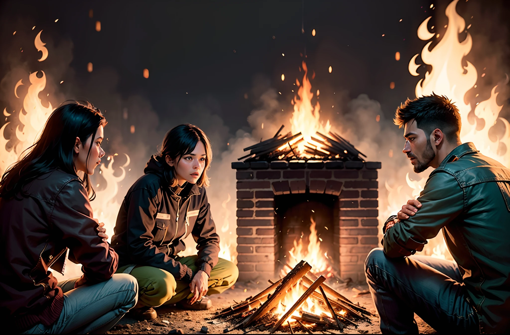People talking around bonfire realistic