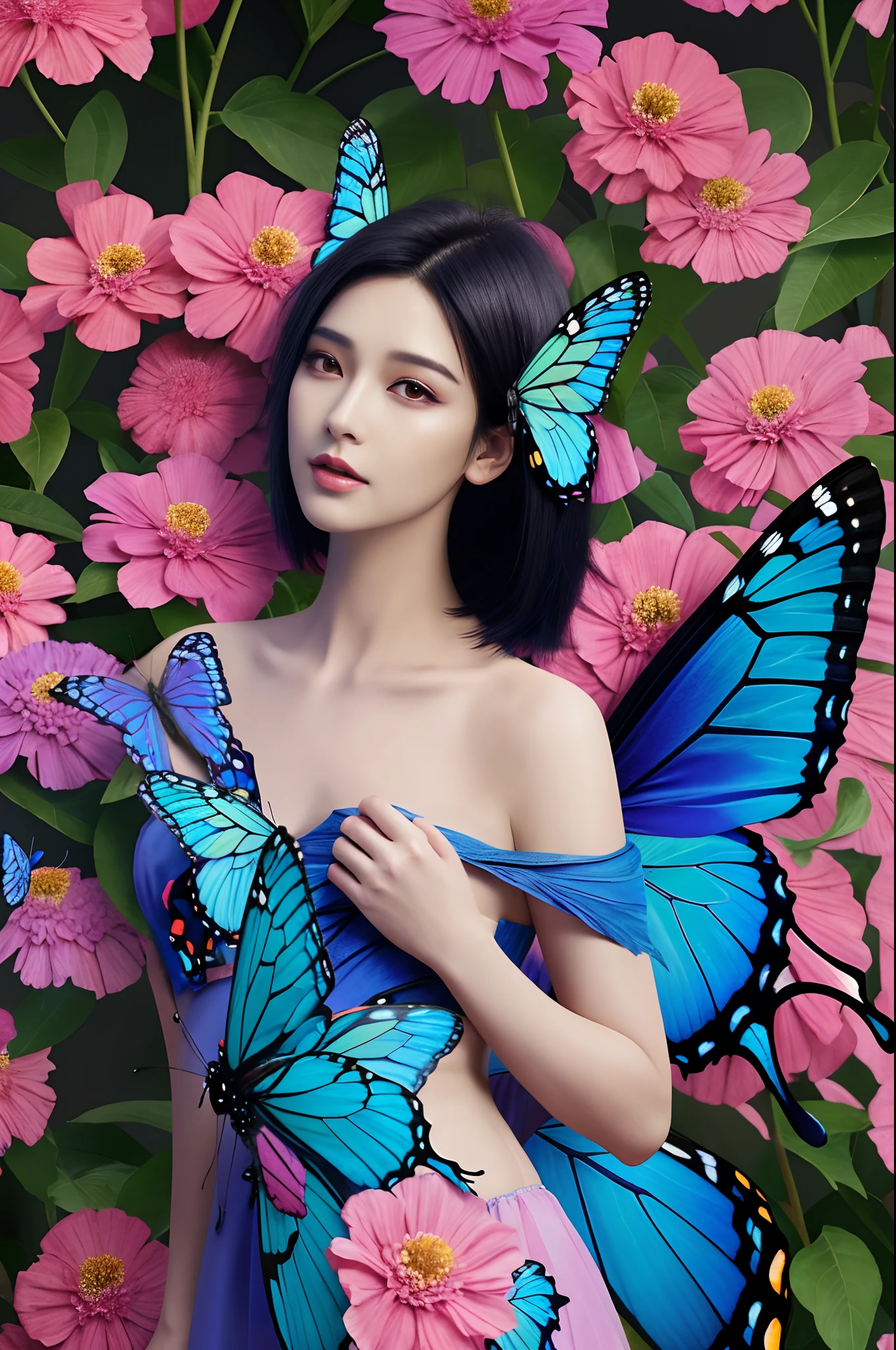 brightly colored butterfly with blue and pink wings surrounded by flowers, beautiful digital artwork, beautiful digital art, beautiful gorgeous digital art, colorfull digital fantasy art, harmony of butterfly, 4k highly detailed digital art, very beautiful digital art, beautiful digital painting, beautiful digital illustration, butterfly, 8k high quality detailed art, gorgeous digital art, beautiful art uhd 4 k, no jardim,flying,((shoulder length straight blackbob hair)),small head,small breasts,small face,slim,thin