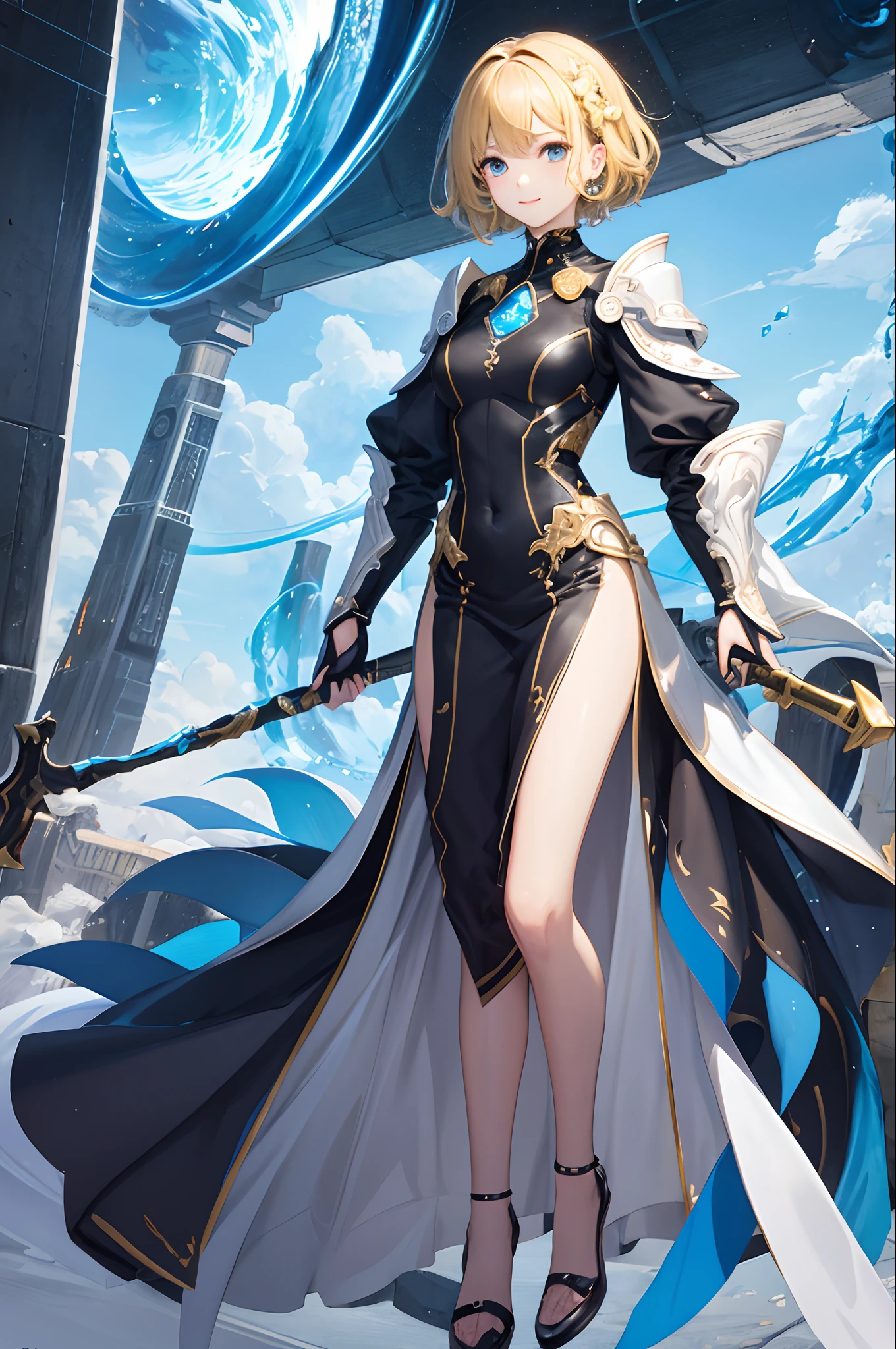 top-quality、Top image quality、masterpiece、超A high resolution、Android Beautiful Girl、, Glowing white cyber suit, Yellow energy source on the chest、Blue shiny hair、short-haired,Blue eyes、A slender、Gentle smile、The face is depicted in detail、Eyes are drawn in detail、Clothes are depicted in detail、hiquality、Beautiful Art、Fantastic Universe、Elaborate design、soio、sorcerer、animesque、illustratio、Full body front