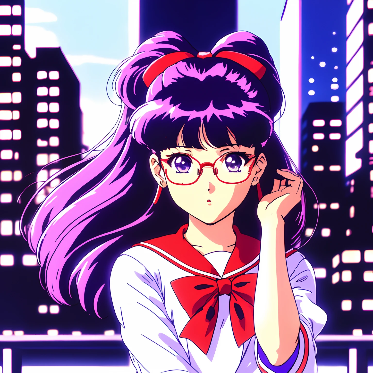 retro anime, 1990s anime, 1980s anime, brushstrokes, 1girl in, Bow, Dress, female focus, frilld, Purple hair, Red Eyes, bow ribbon, shawls, Solo、cyberpunked、Buildings on the background、natta、Woman looking down、neons、Woman in glasses、Facing the front、I put my hand on my cheek、Hands close to face、The woman's face is close、cyberpunked、I'm wearing a sailor suit