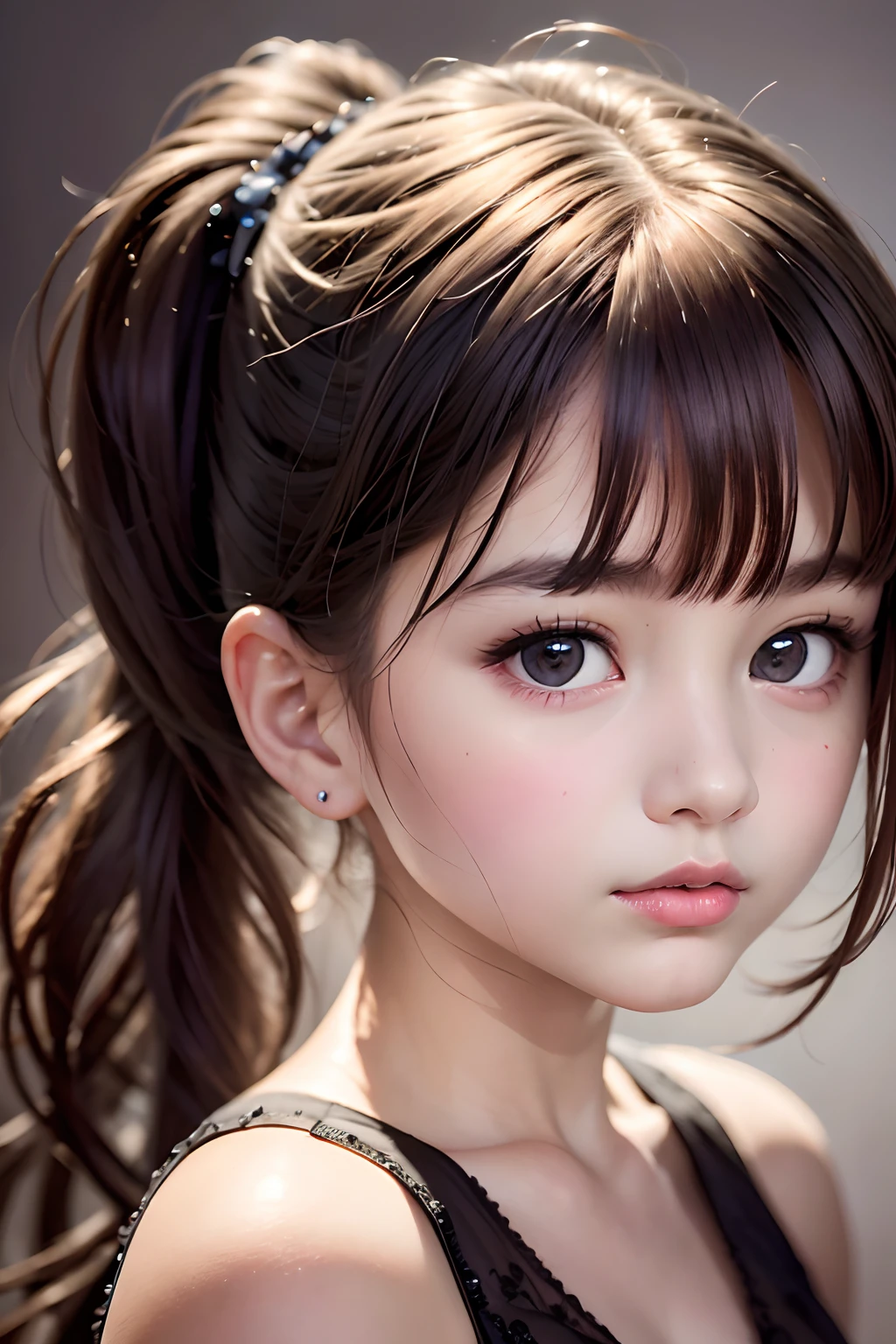 Verism, chiaroscuro, drop shadow, UHD, masterpiece, anatomically correct, textured skin, high details, high quality, highres, best quality, 5-year-old girl, beautiful detailed face, short ponytail, half body shot,