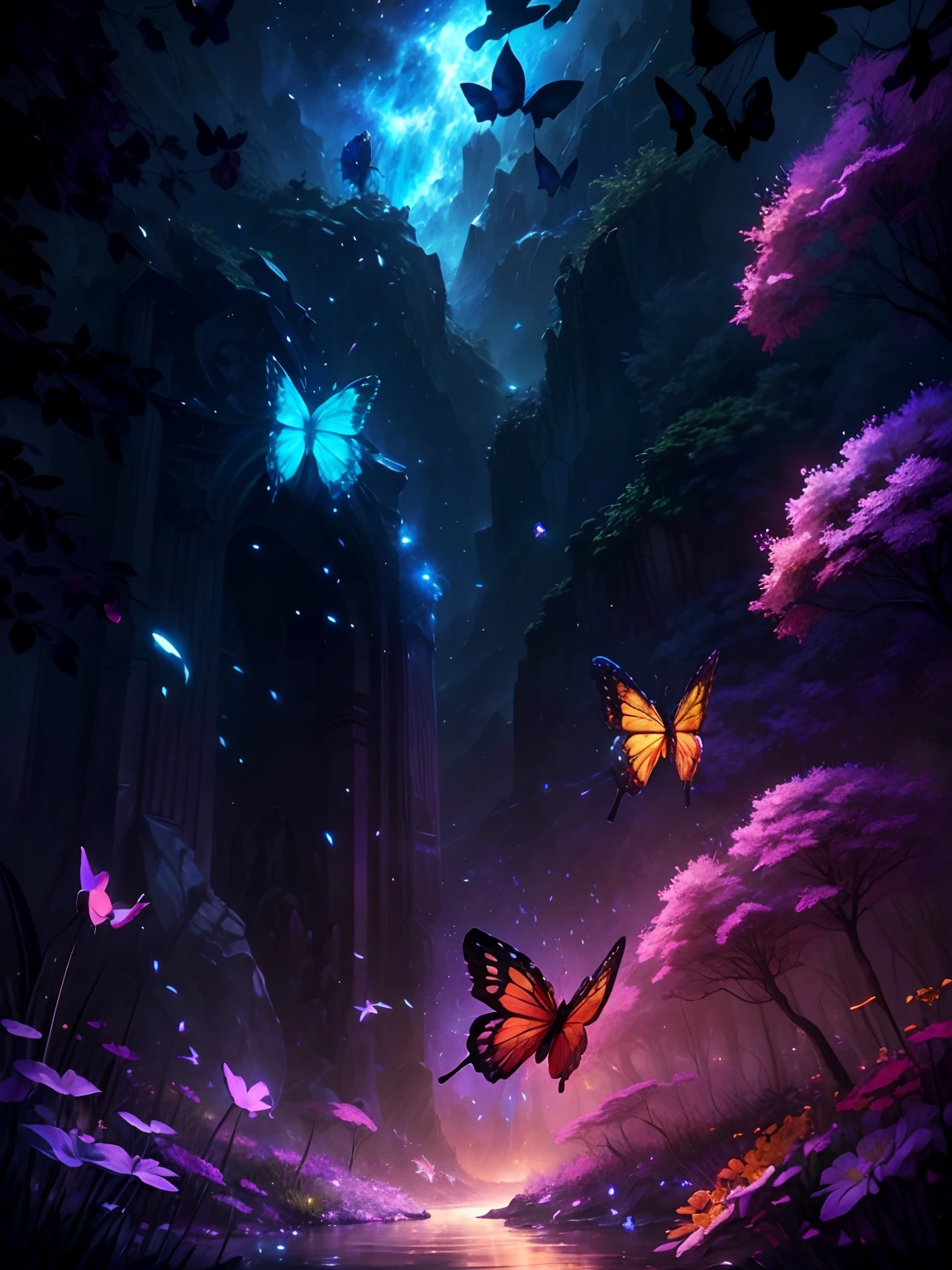 Produces beauty, Realistic fantasy artwork with bold gemstone tones, (Beautiful butterflies flutter among the flowers:1.5), (No Man:1.9), Nice glitter and shimmer, And a lot of snowflakes, Beautiful garden,The resolution is high. Blend in with fantastic colors, Dynamic lighting, and detailed background elements，Create a sense of awe and immersion. These include colorful flying magic birds and jewel-colored butterflies that emit magical halos. Consider the latest trends in fantasy art, such as incorporating unique lighting effects, Explore dynamic and engaging composition techniques, And try a unique color palette. Take inspiration from top artists on ArtStation and Midjourney. camera: Choose an angle that highlights the beauty of your character，Enhance the magical majesty of the artwork. lighting: Use atmospheric lighting technology to create depth and atmosphere. Resolution: Aim for high-resolution artwork，to showcase intricate detail and clarity. Artistic inspiration: Get inspiration from popular artists on ArtStation, Explore different styles, fantastic details, a slight light, glimmer, magic bird, Magical butterflies, opulent, (((Masterpiece))),