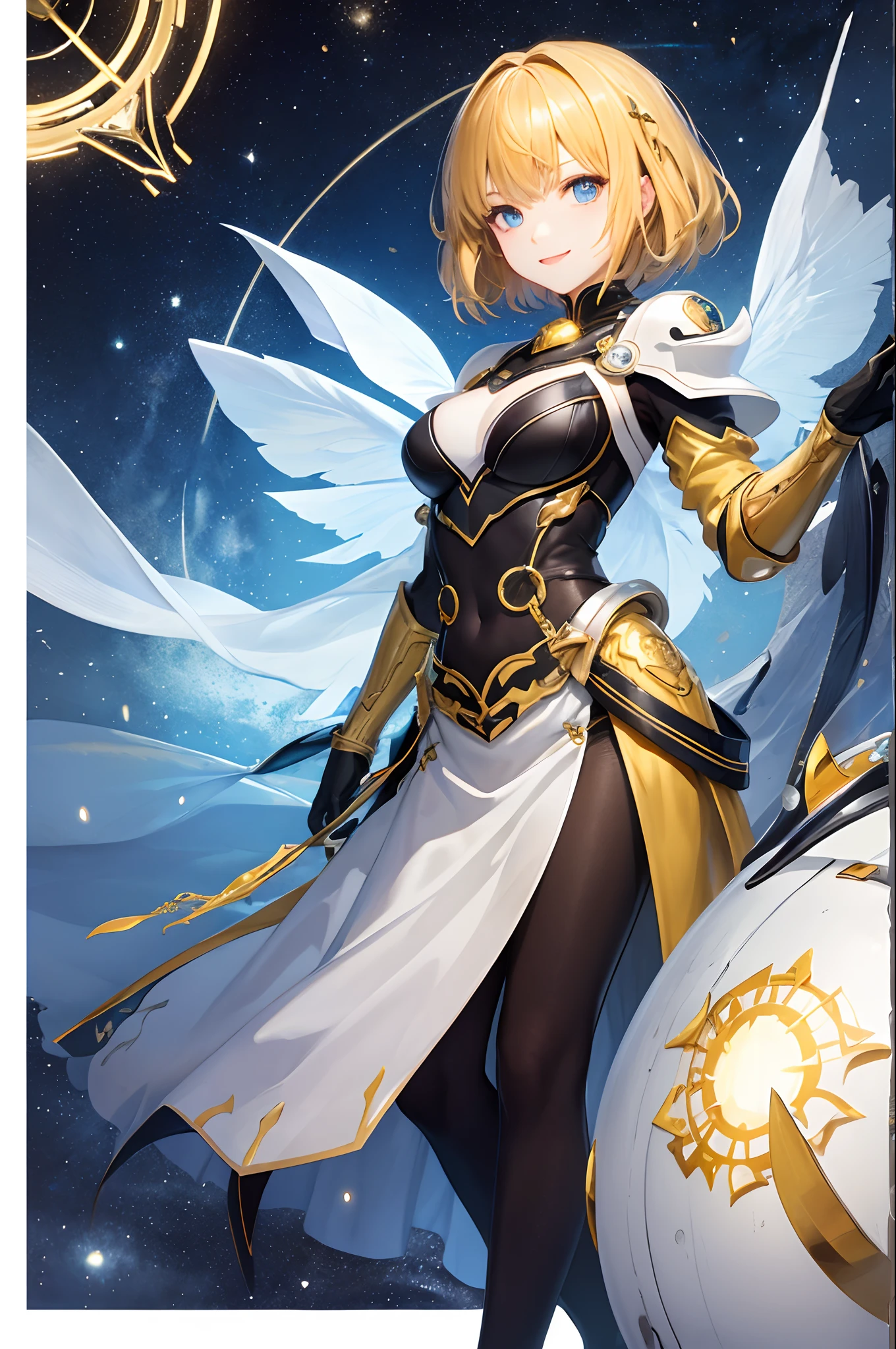 top-quality、Top image quality、masterpiece、超A high resolution、Android Beautiful Girl、, Glowing white cyber suit, Yellow energy source on the chest、Blue shiny hair、short-haired,Blue eyes、A slender、Gentle smile、The face is depicted in detail、Eyes are drawn in detail、Clothes are depicted in detail、hiquality、Beautiful Art、Fantastic Universe、Elaborate design、soio、sorcerer、animesque、illustratio、Full body front