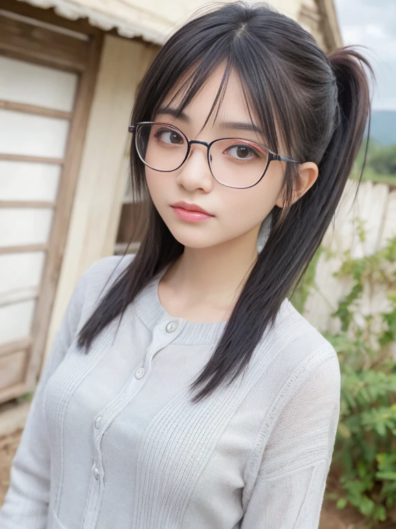A hyper-realistic、Angle from above、Looking Up、Black-haired girl、Round glasses、flat chest、ponytail with bangs in the central part,,,,、Casual dress、skirt by the、A smile、Big black eyes、Beautiful eyes、Country town on a summer day、blue-sky、A detailed eye、A detailed face、Top resolution、Hi-Res、masterpiece